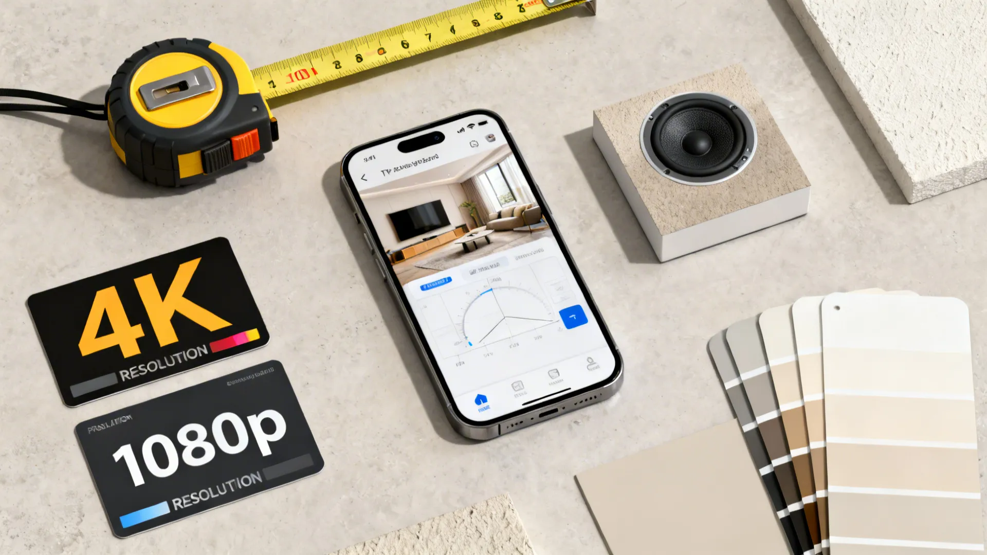 Flatlay of tape measure, room planner app, resolution cards, speaker sample and paint swatches for TV buying decisions.