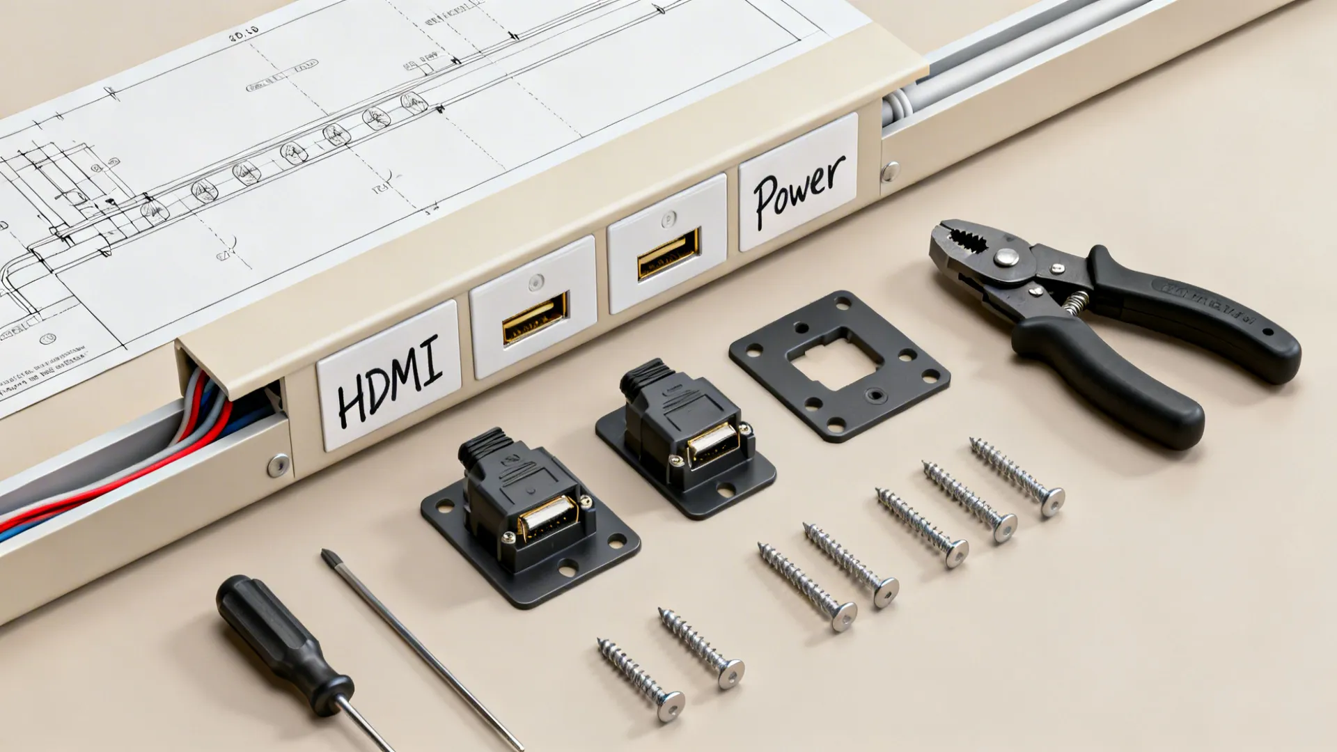 Top-down flatlay of cable management options including in-wall conduit and painted raceway components