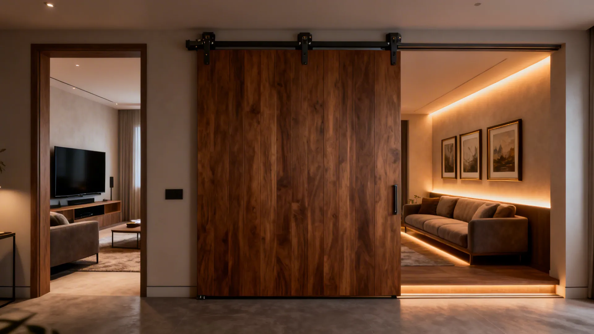 Sliding wood door separating living room with tv from cozy sitting room with sofa art