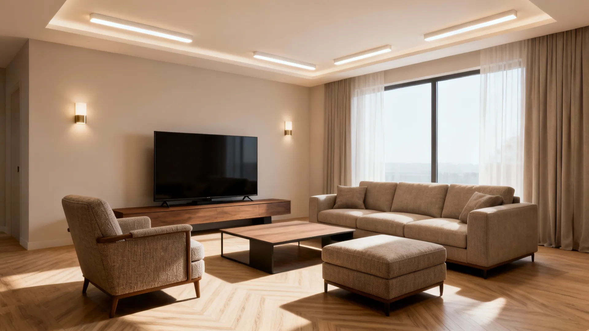 Living room arranged for optimal TV viewing distance with flexible seating