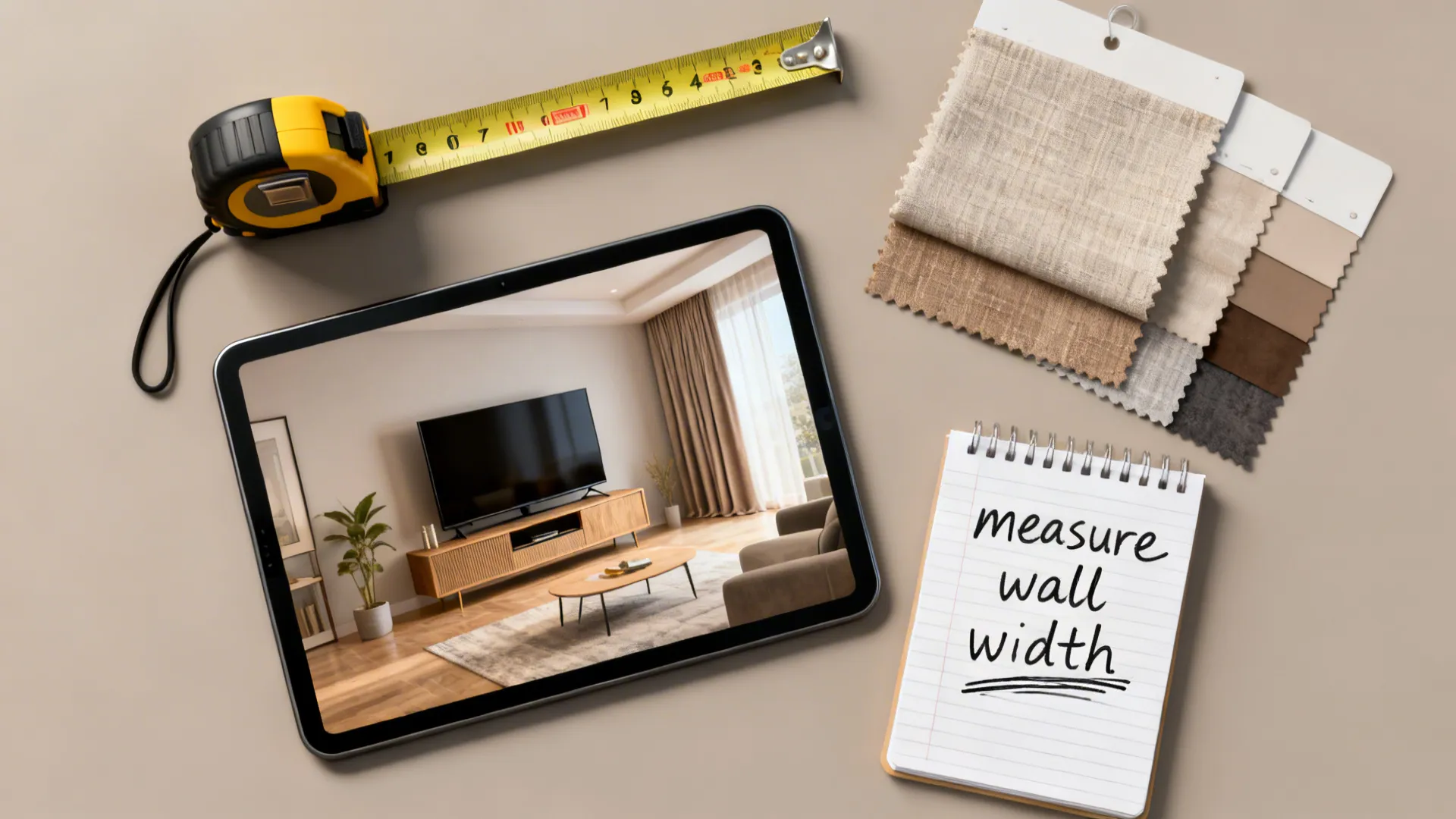 Flatlay of checklist items for TV buying: tape measure, tablet with mockup, curtain sample