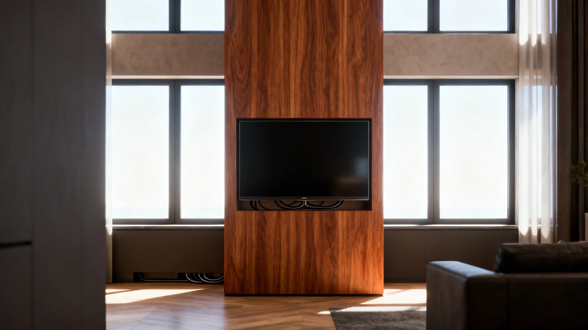 Modern living room featuring black television mounted on wood wall panel between large bright windows