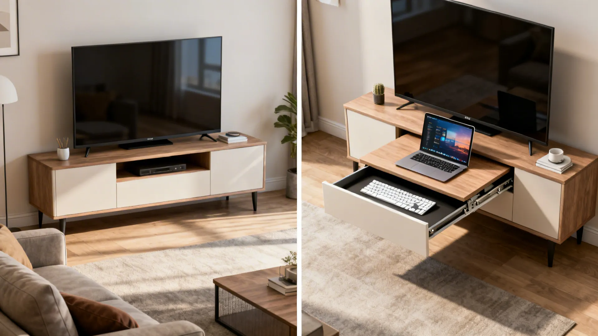 TV console with pull-out desk shown before and after conversion into a workspace.