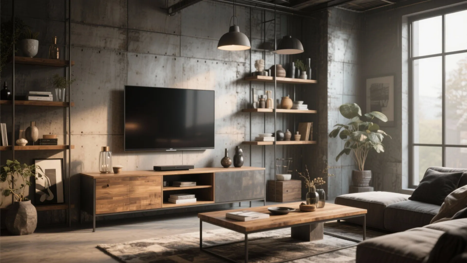 TV Above a Console with Open Shelving