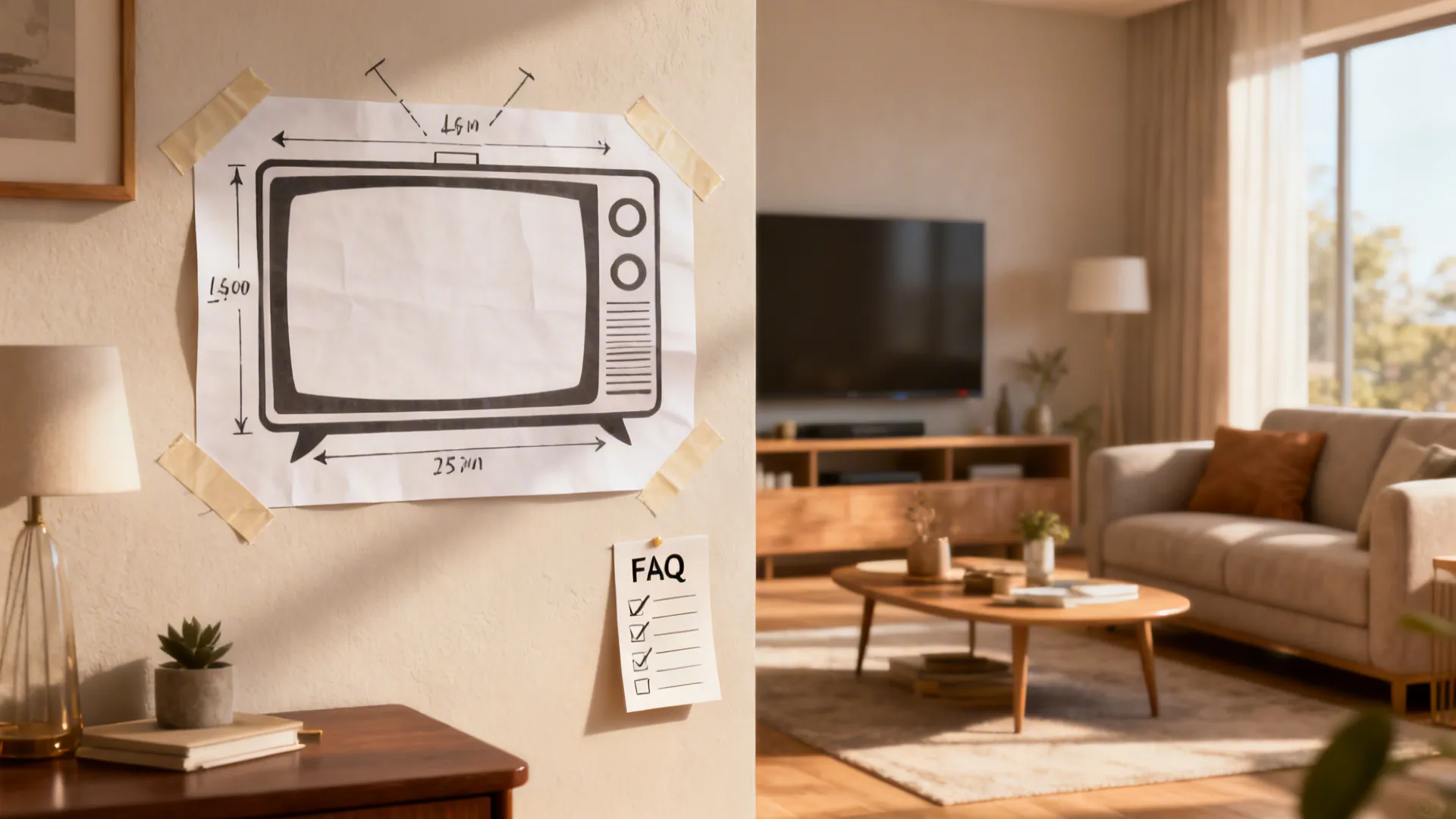 Paper TV cutout taped to wall with measurement notes and an FAQ checklist on the table