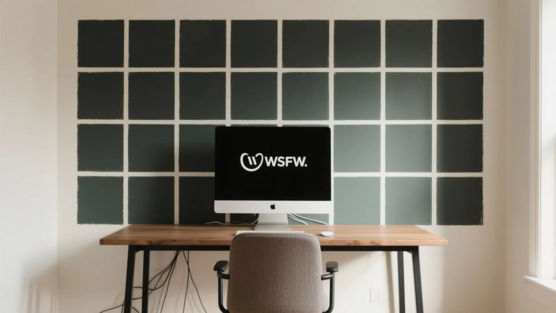 Home office setup with computer on wooden desk against wall featuring a dark green grid