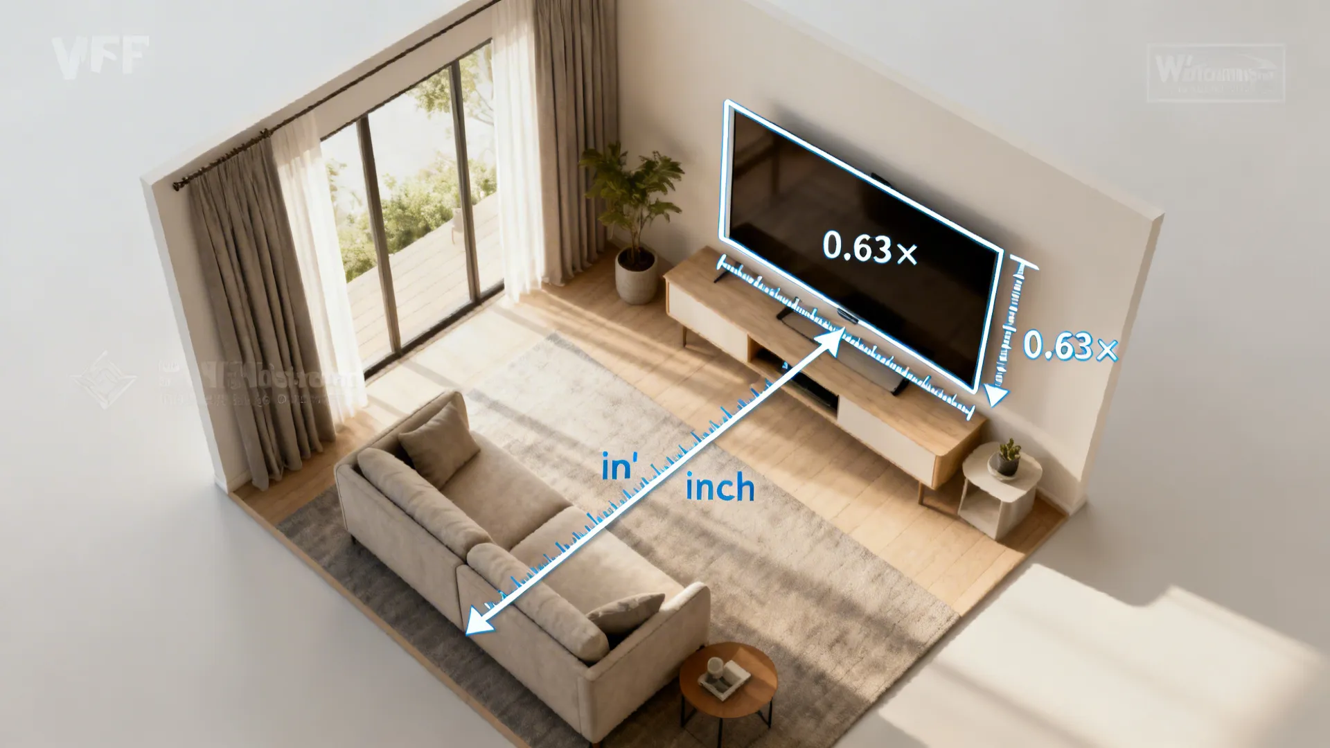 Top-down room layout showing sofa-to-TV measuring line and recommended screen size calculation