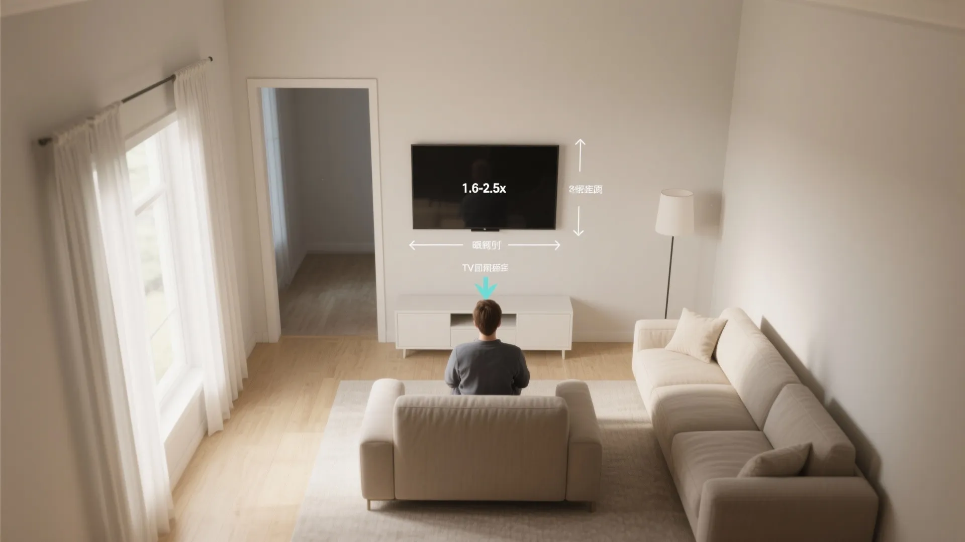 Top-down guide showing sofa to TV distance and eye-level mounting height in a small hall.