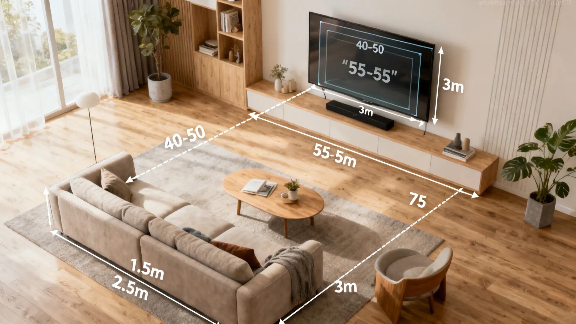 Top-down living room plan with measurement lines showing ideal TV sizes for different viewing distances.