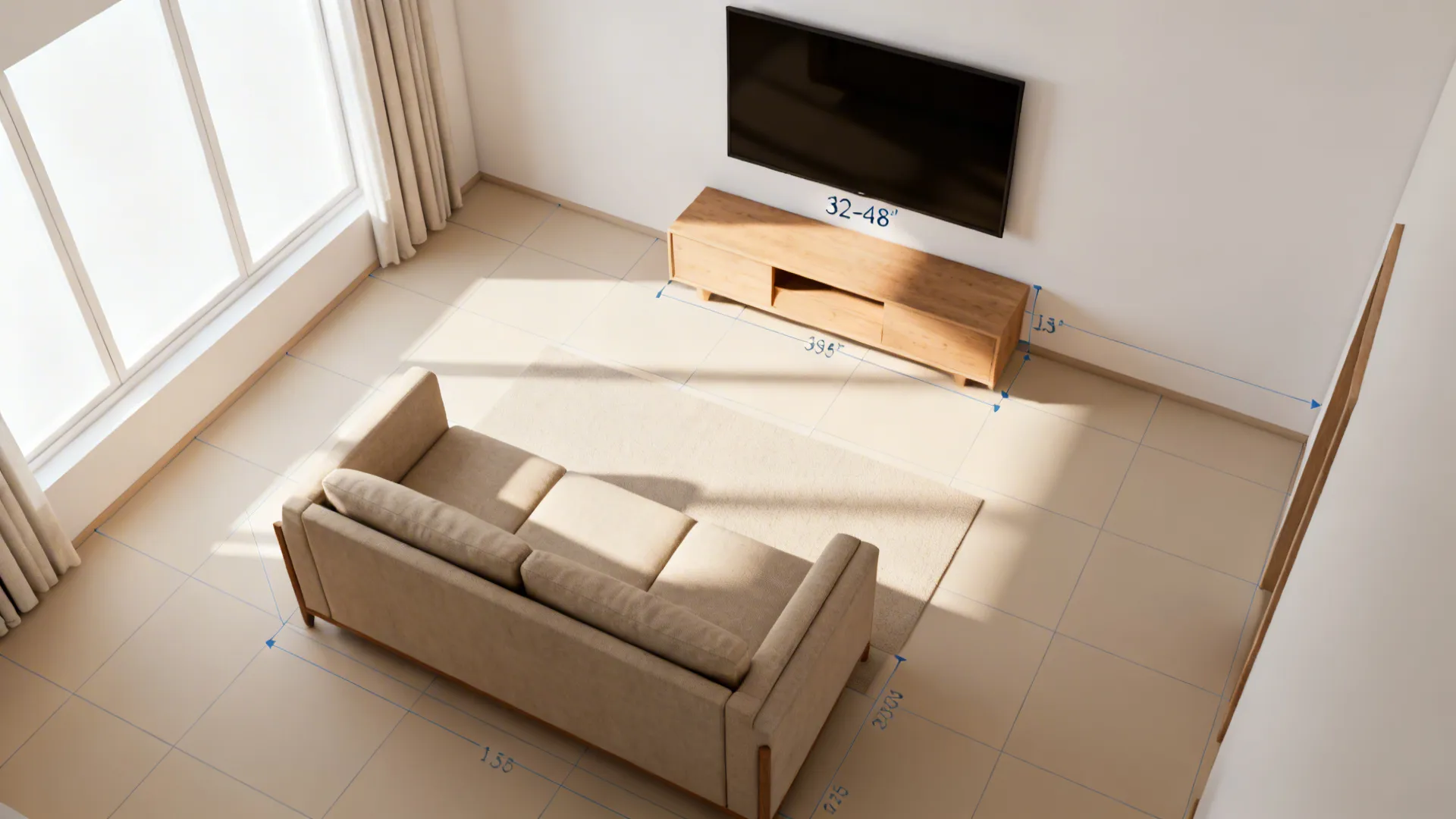 Top-down scene showing sofa-to-TV distance and ideal TV mounting height in a small living room.
