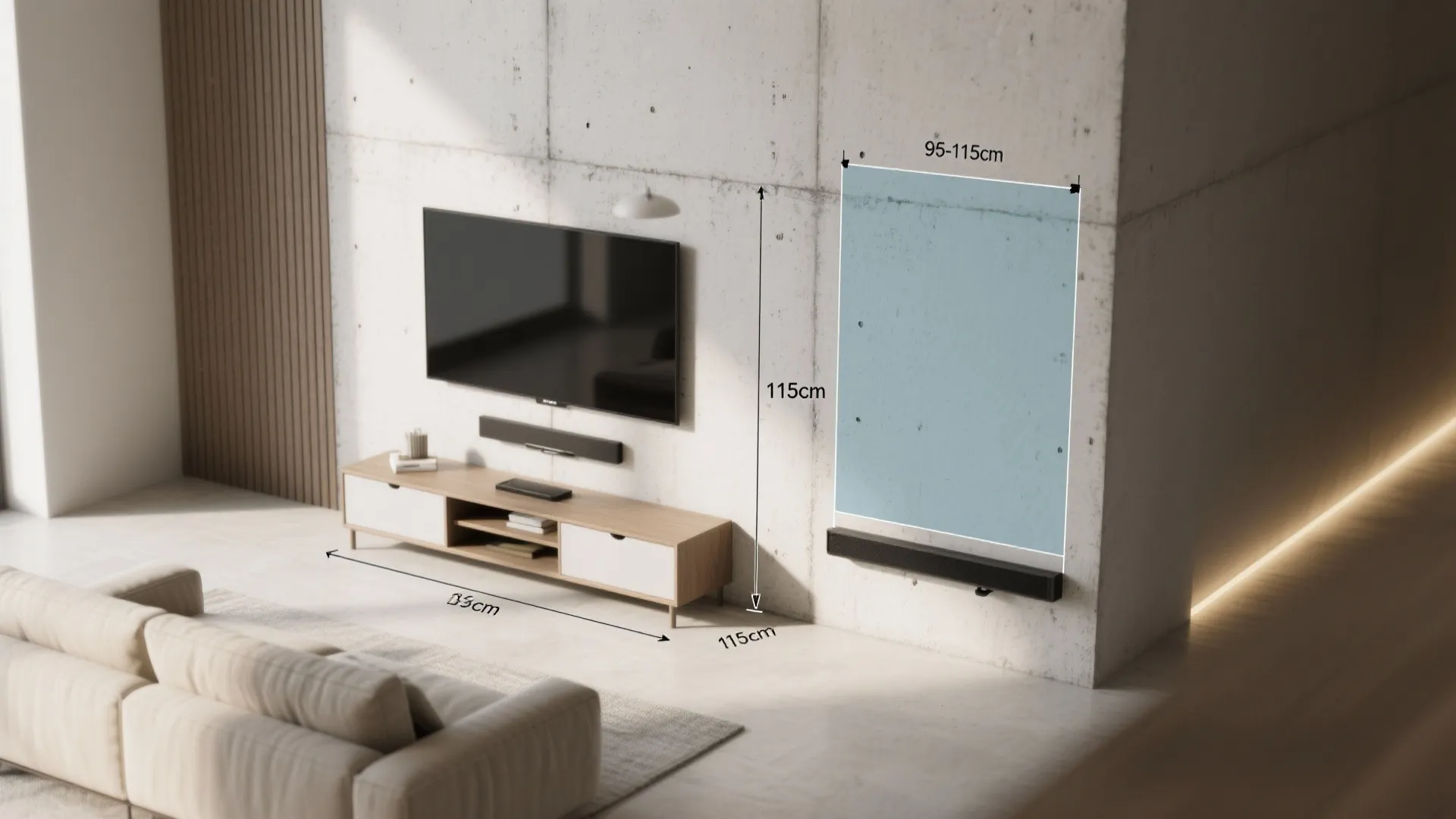 Top-down view illustrating TV center height, viewing distance, and soundbar clearance.