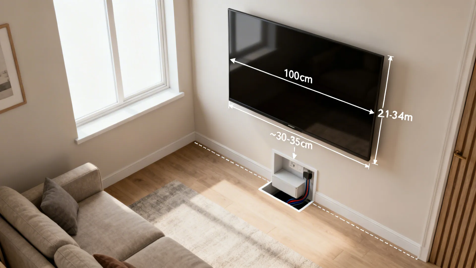 Top-down view illustrating TV height, distance, and cable pass-through in a small living room.