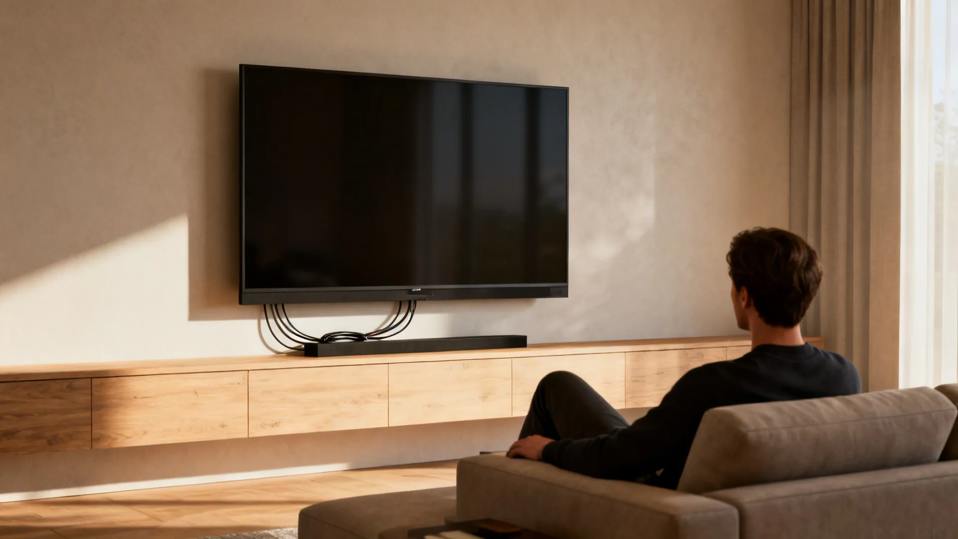 TV mounted at seated eye level with a person on the sofa for ergonomic viewing.