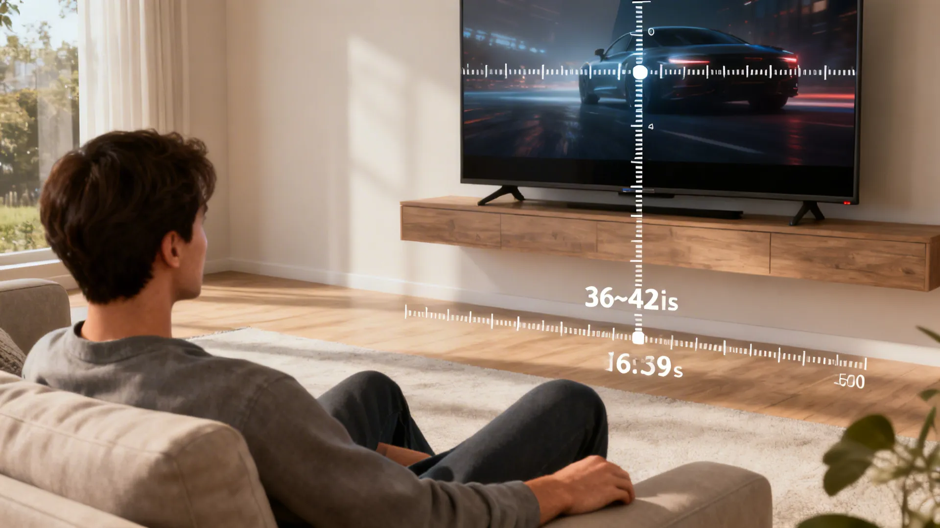 Seated viewer with a ruler overlay showing TV center height at 36–42 inches from floor for comfortable viewing.