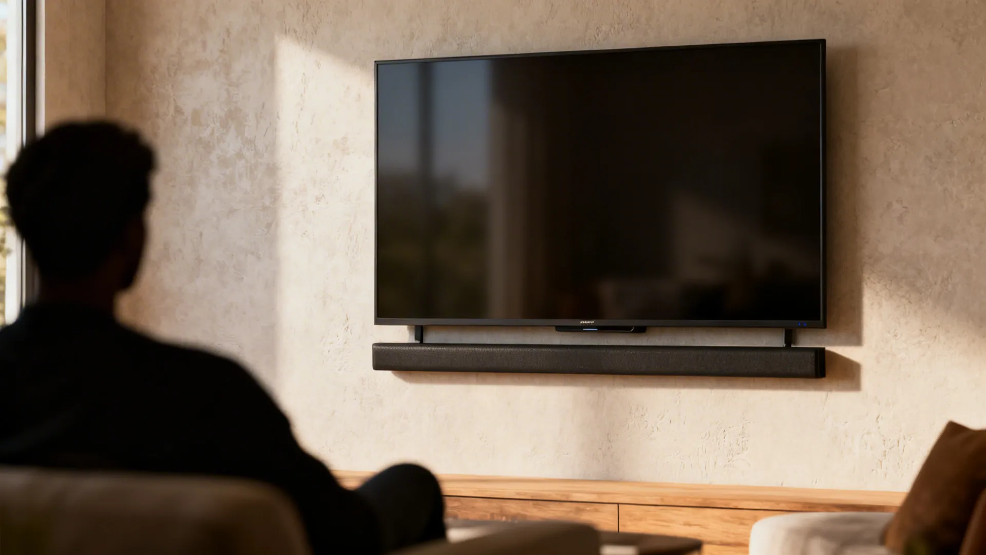 Close-up showing TV mounted at seated eye level in a living room