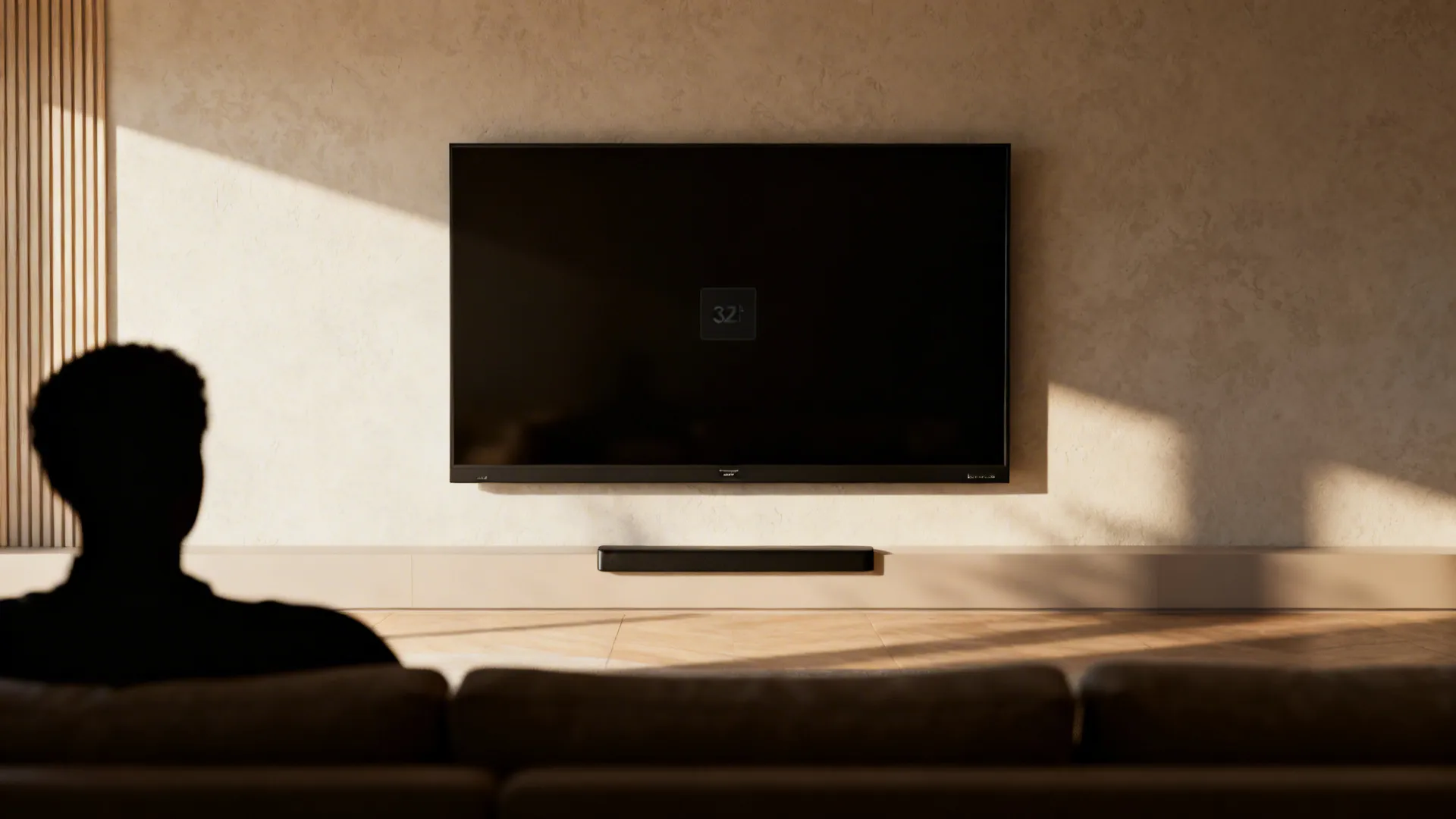 TV mounted with center at 42 inches and sofa silhouette showing seated eye level to demonstrate proper height