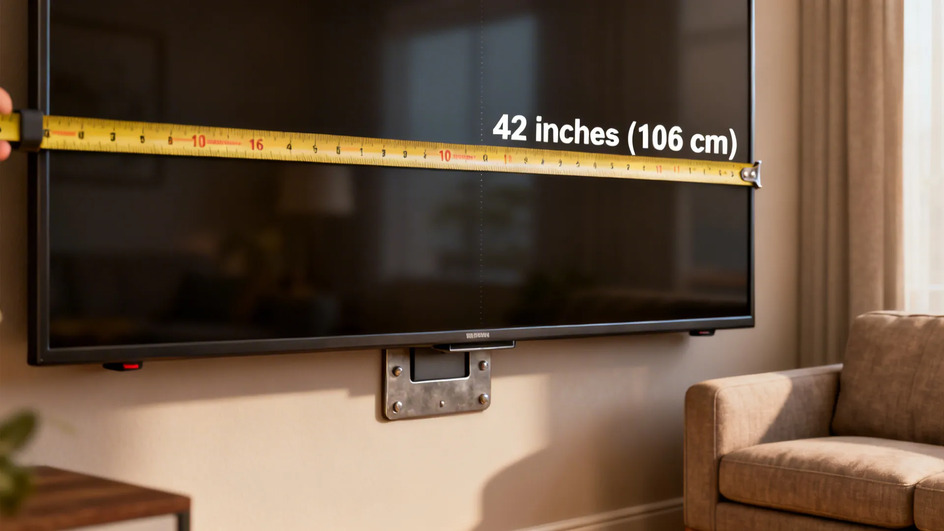Close-up showing a tape measure to the center of a TV at 42 inches from the floor next to a sofa.