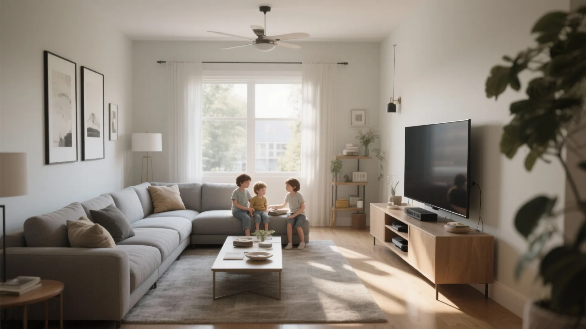 Modern family living room with grey sofa wooden cabinet large television and children sitting together
