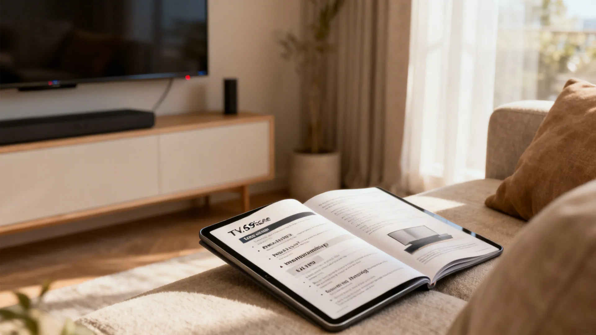 Living room corner with a TV and a tablet displaying FAQ headings about TV size and mounting.