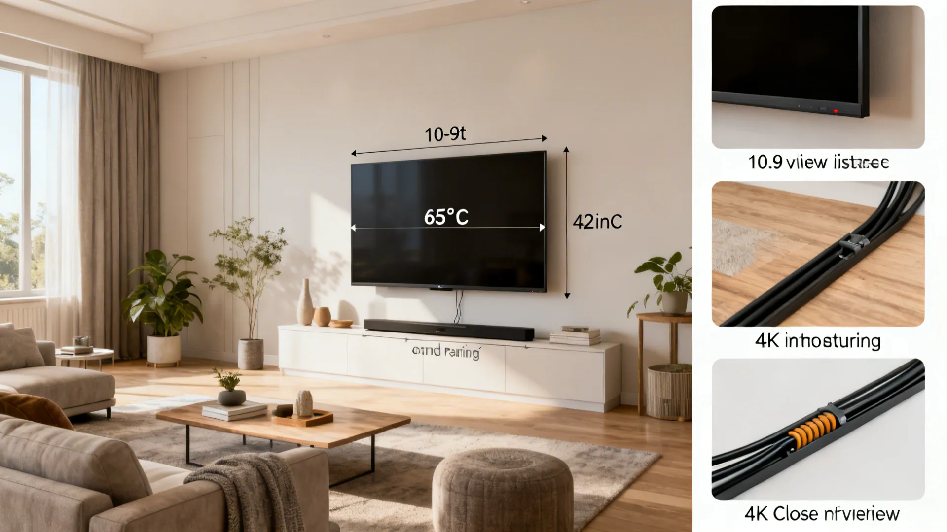 Collage of living room scenes demonstrating common TV size and mounting FAQs including viewing distance and cable solutions.