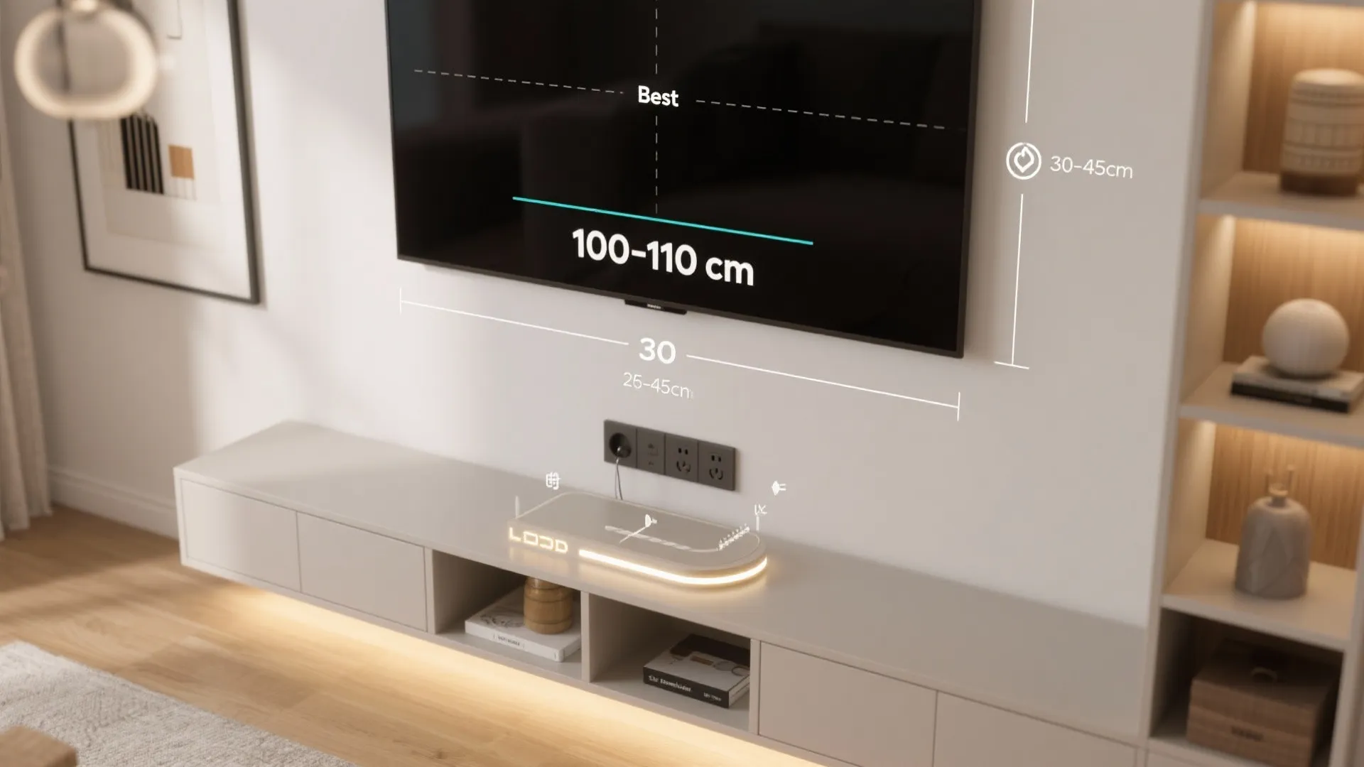 Diagram showing the recommended height and distance for a wall mounted television above a cabinet