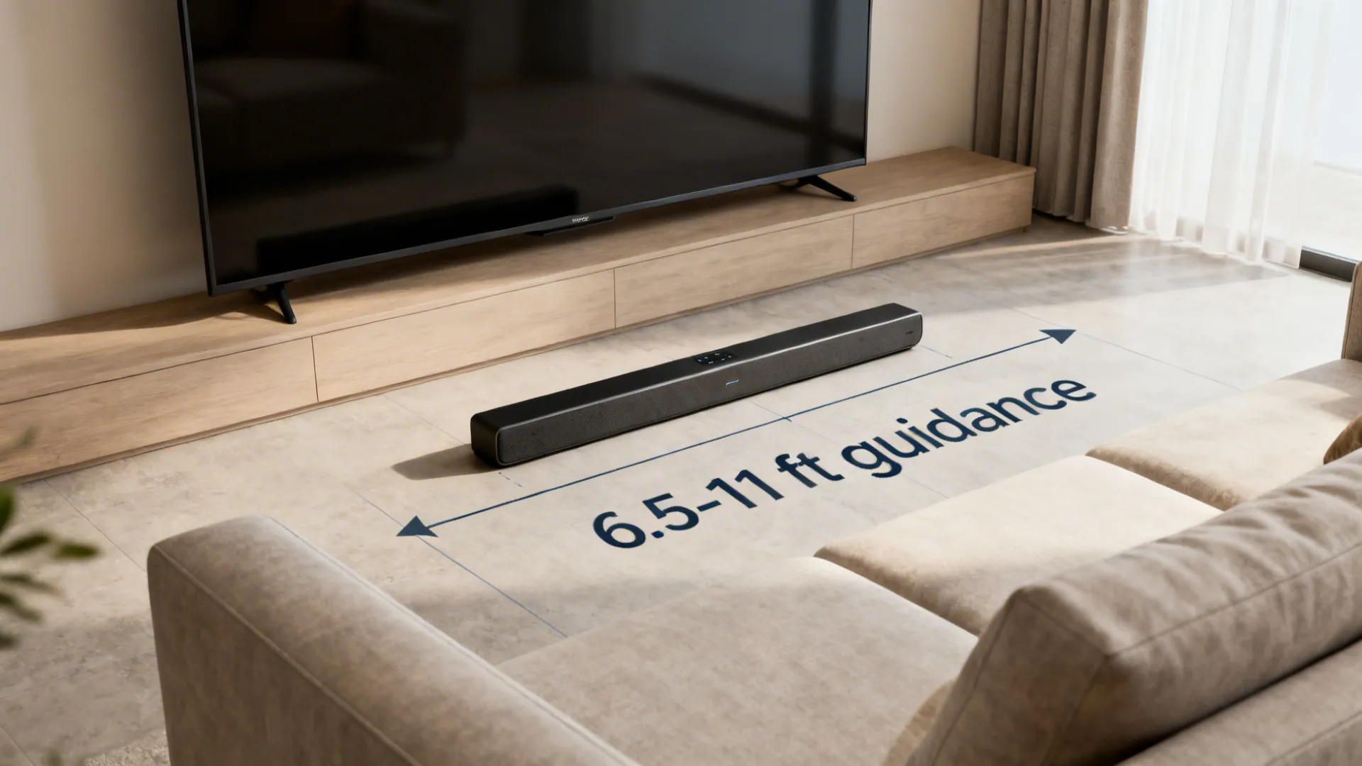 Living room scene showing recommended viewing distance for a 55" TV with sofa and soundbar.