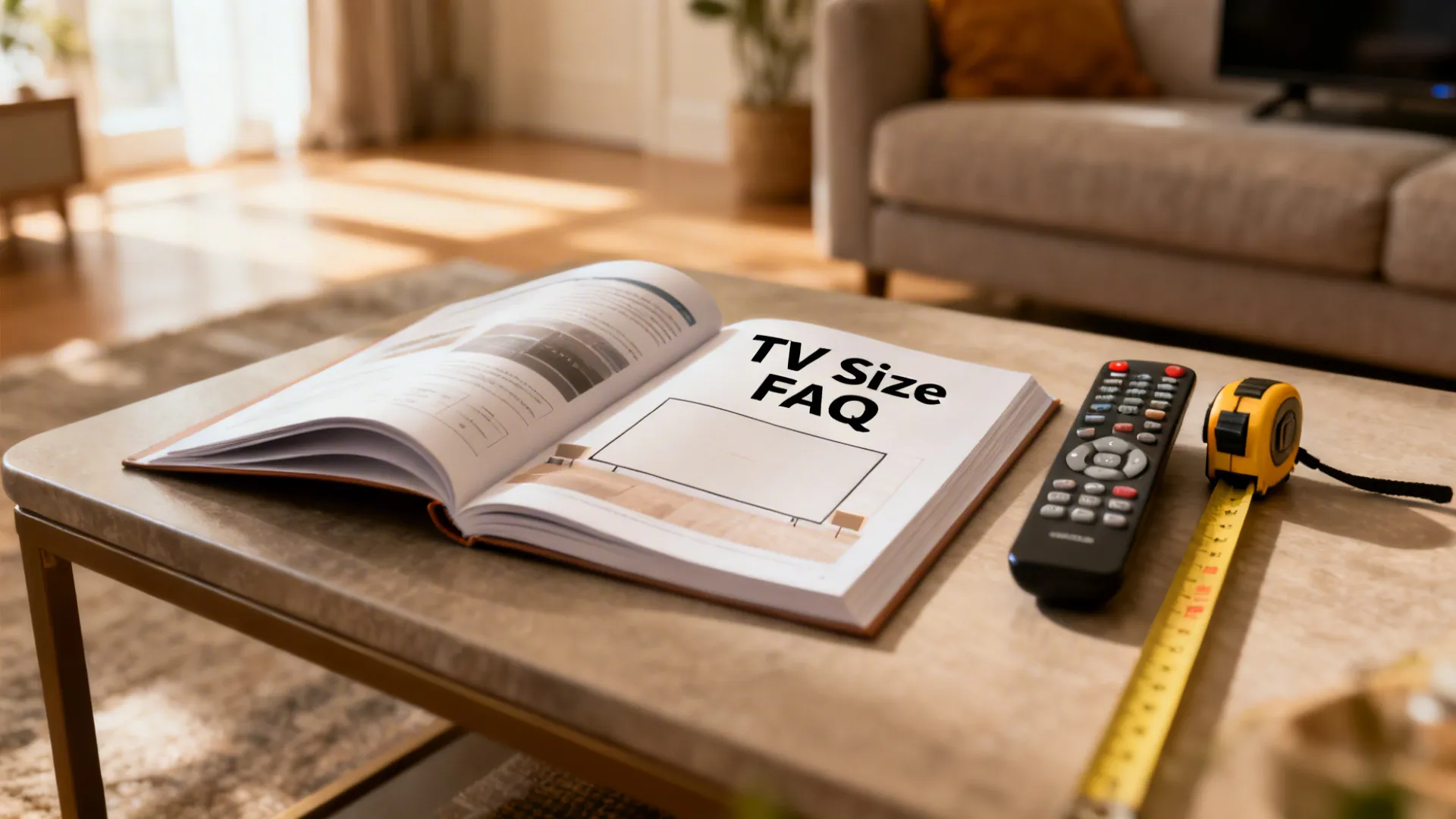 Living room corner with a generic TV size FAQ guide, measuring tape and remote on the table.