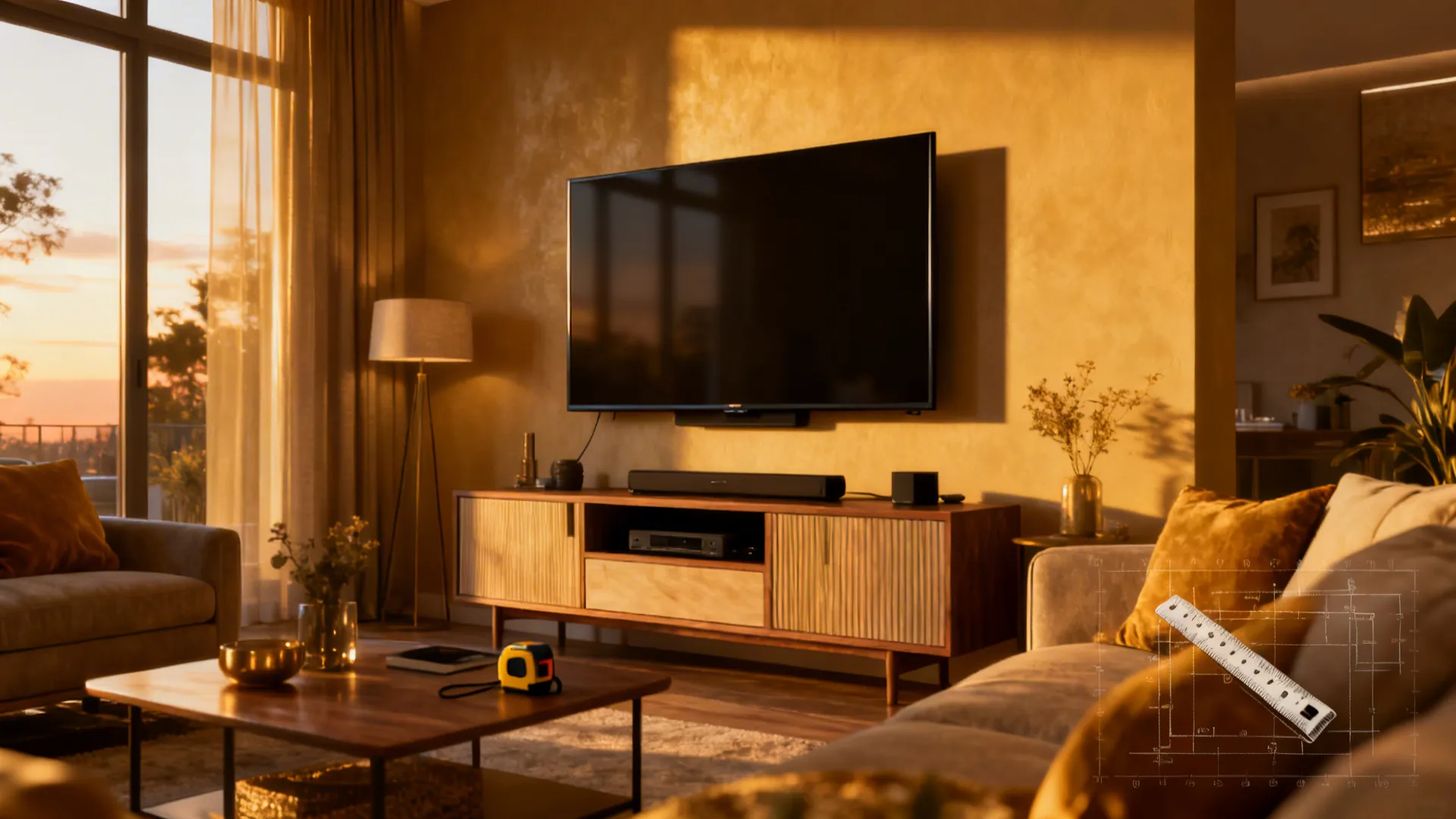 Cozy living room with wall mounted television over wooden cabinet during warm sunset with sofa