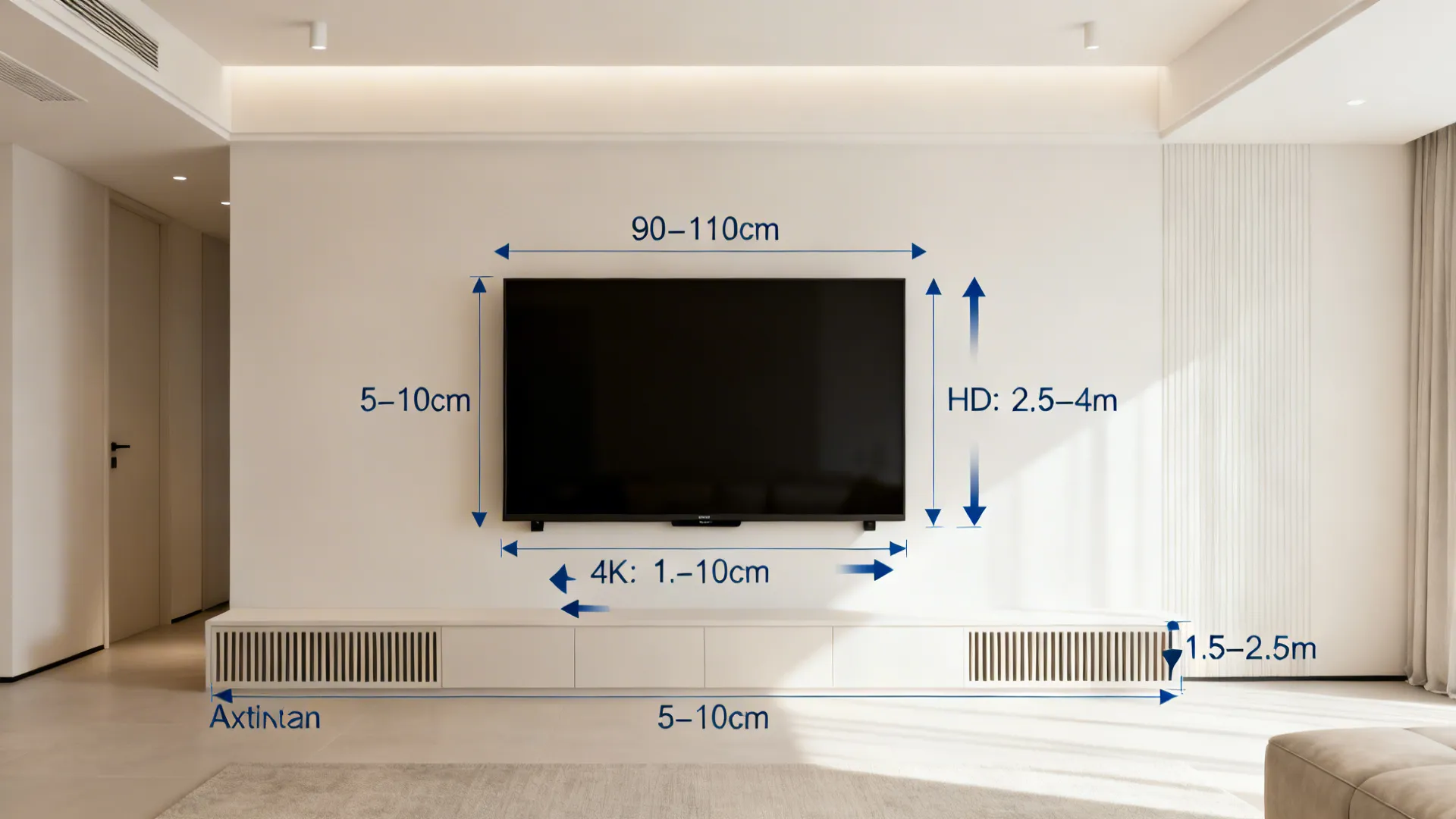 Infographic-style interior showing TV height, ventilation clearance and viewing distance recommendations for a 40-inch TV