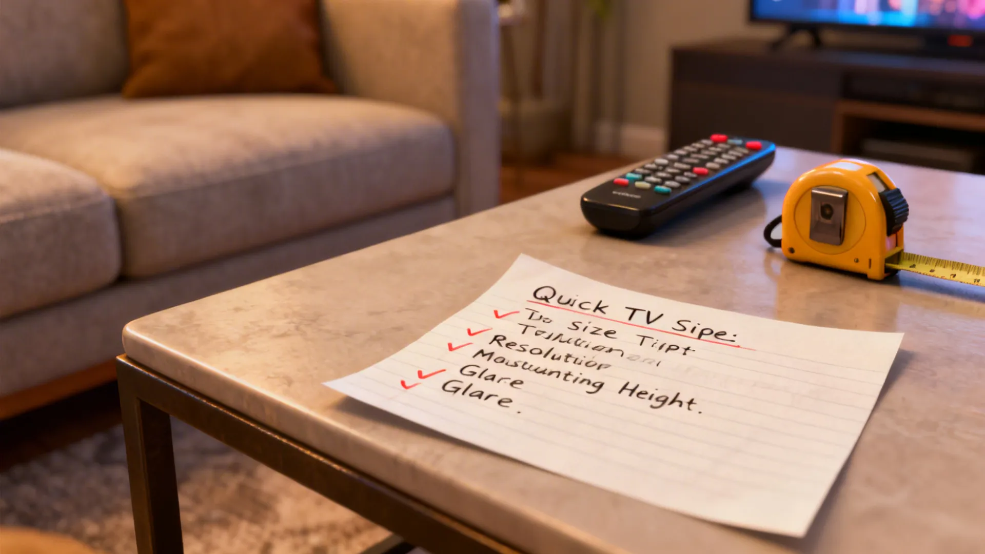 Annotated FAQ notes about TV sizing and placement on a side table with remote and tape measure