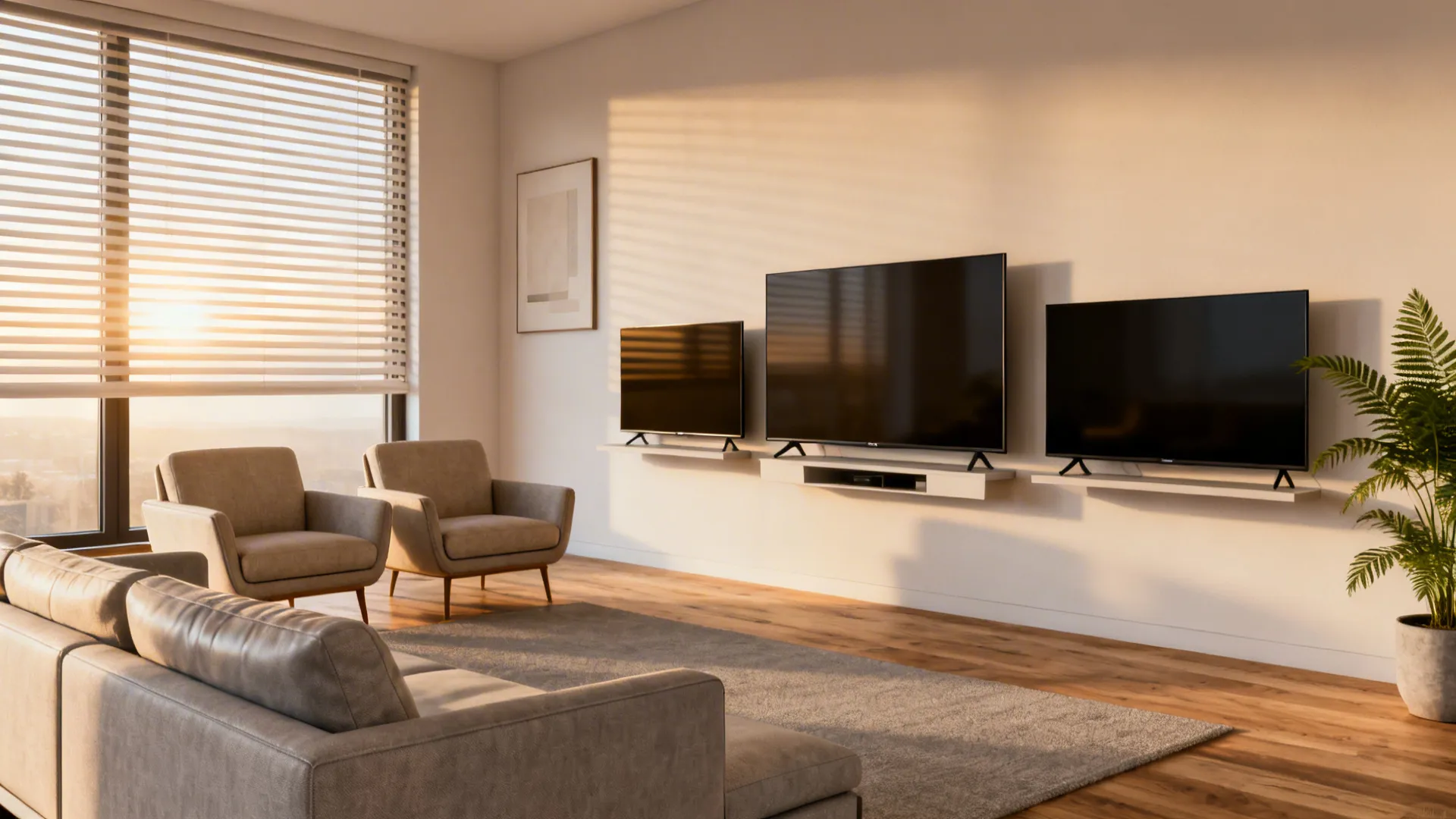 Living room showing different TV sizes, window treatments, and seating to answer common placement questions