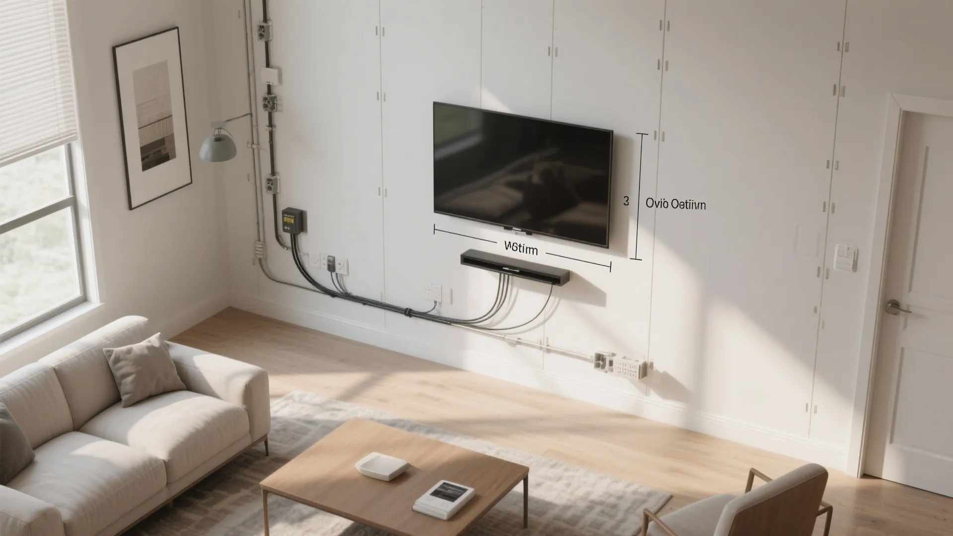 Interior design drawing showing wall mounted television measurements in a living room with white walls