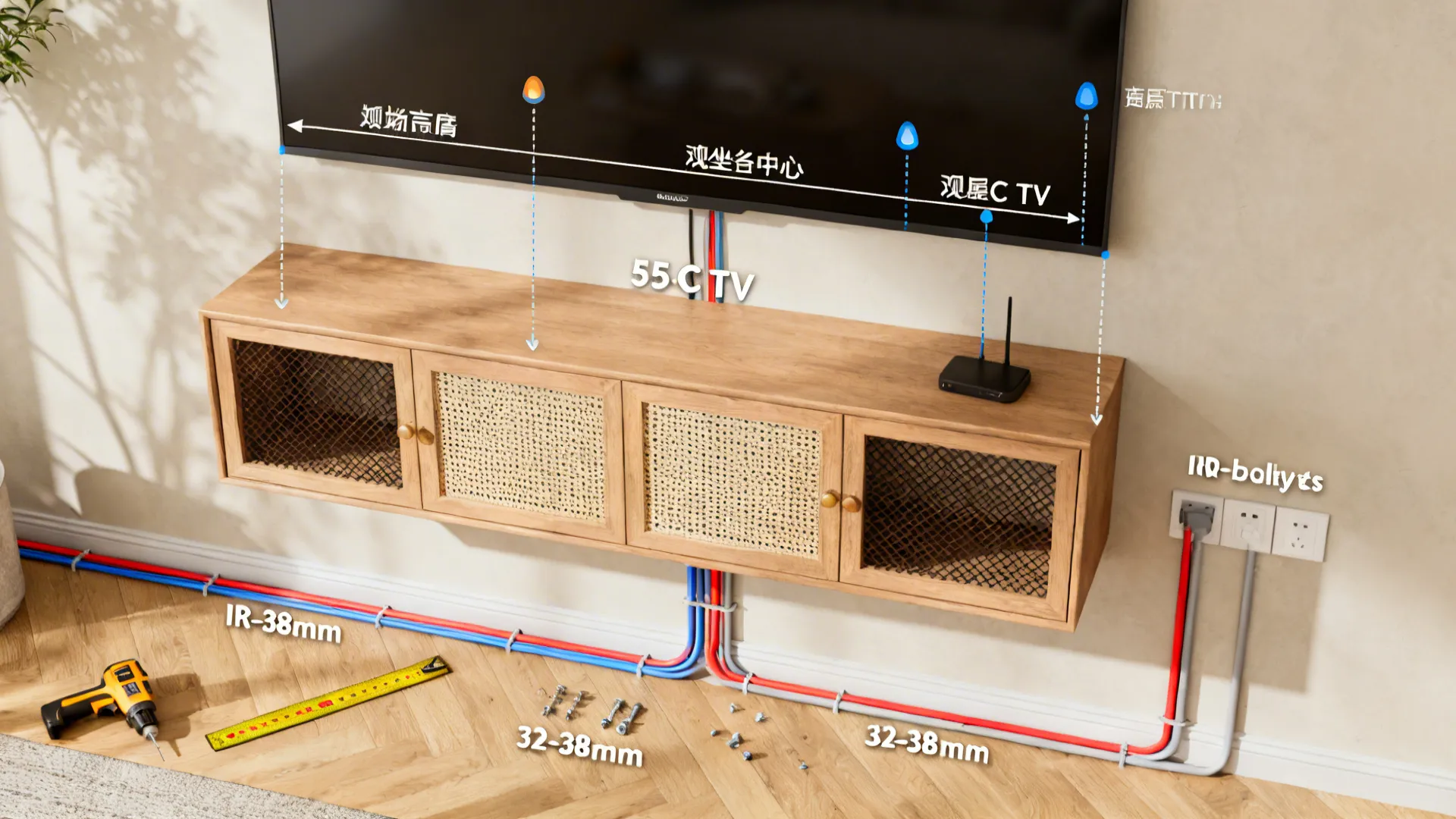 Top-down visual guide showing TV height, distance, stud anchors, vented doors, IR mesh, and labeled conduit cables.