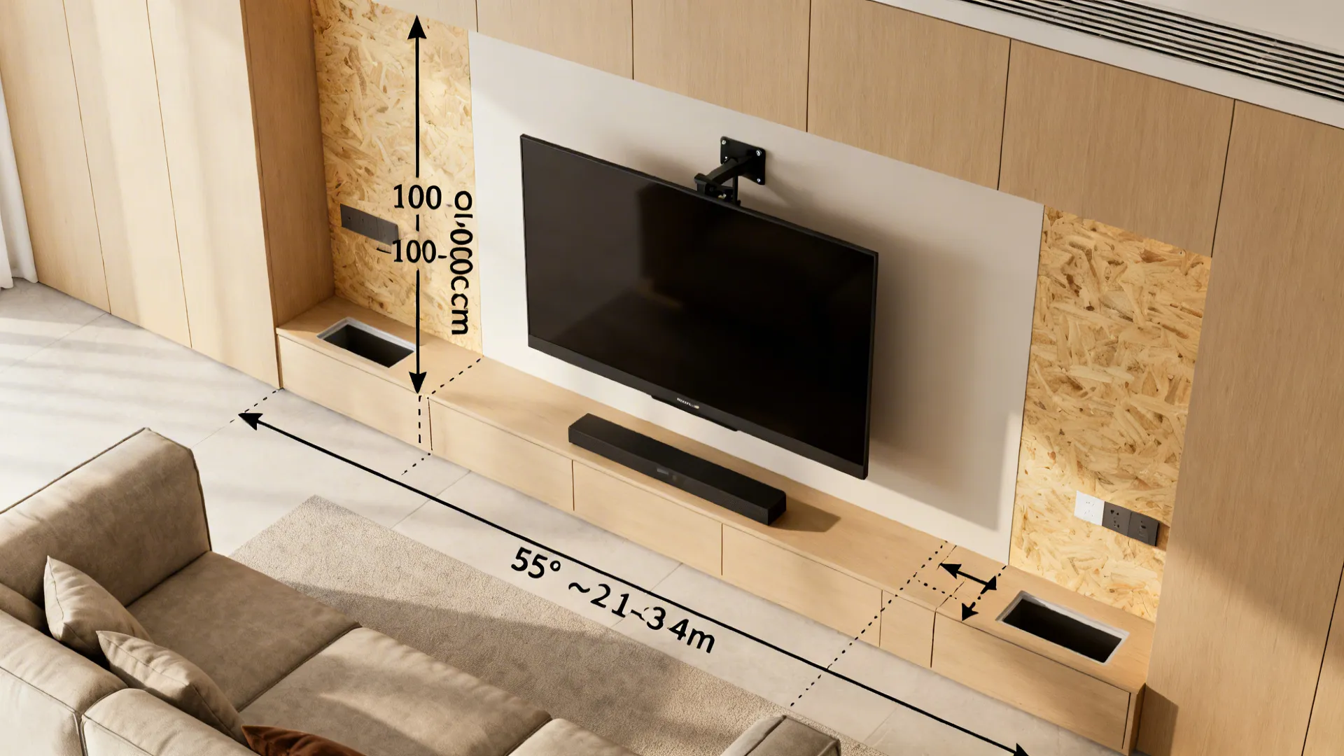 Top-down visual answering TV height, distance, wall reinforcement, cable routing, glare, and swivel use.