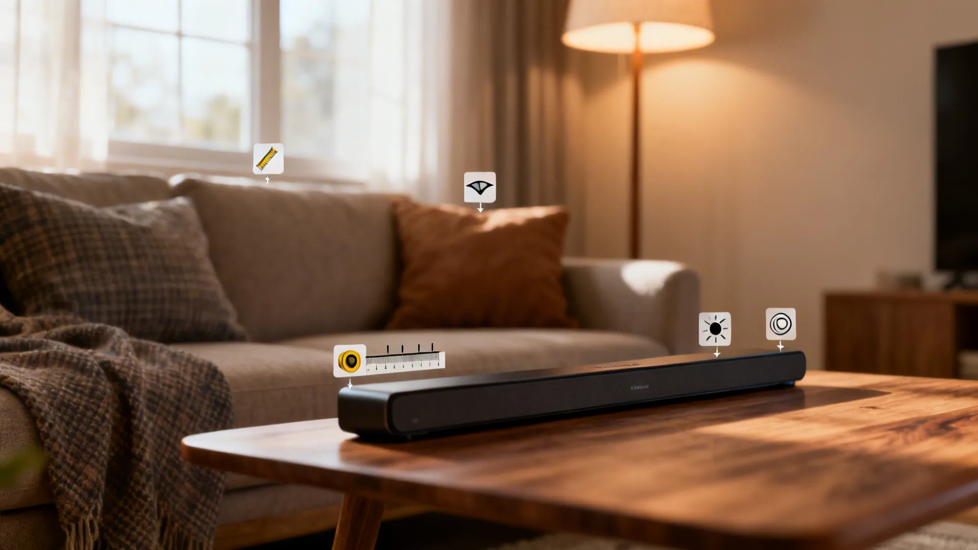 Cozy living room vignette with small icons for measuring distance, eye height, glare control, audio and resolution FAQs.