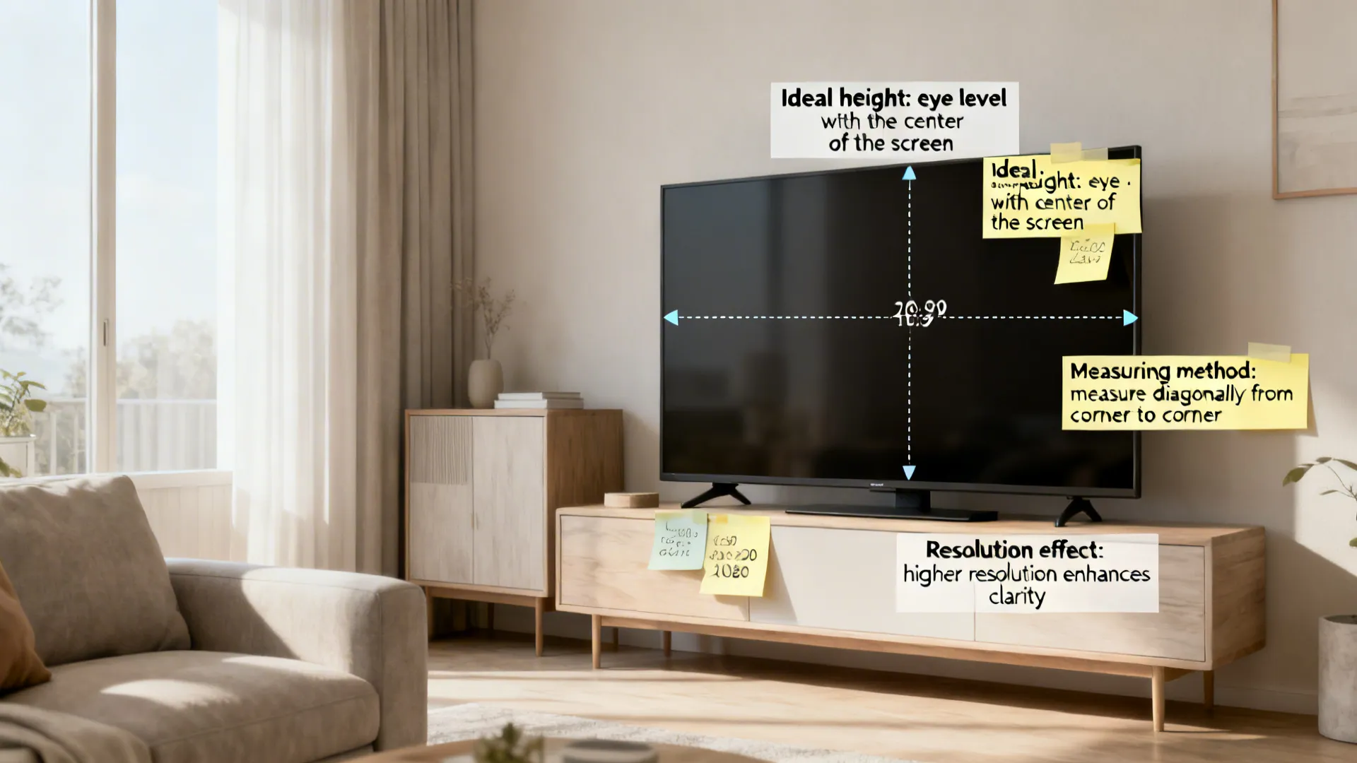Living room corner with sticky-note style annotations illustrating TV sizing FAQs like height and measuring.