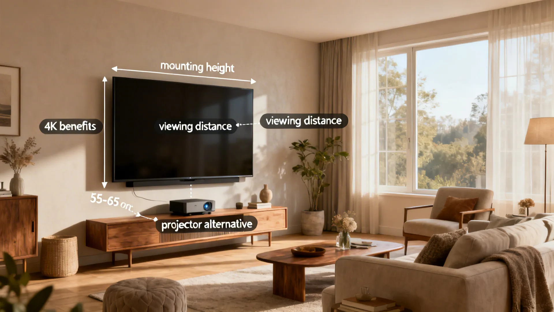 Living room visual with callouts illustrating FAQ points about TV size, mounting height, and 4K viewing benefits.