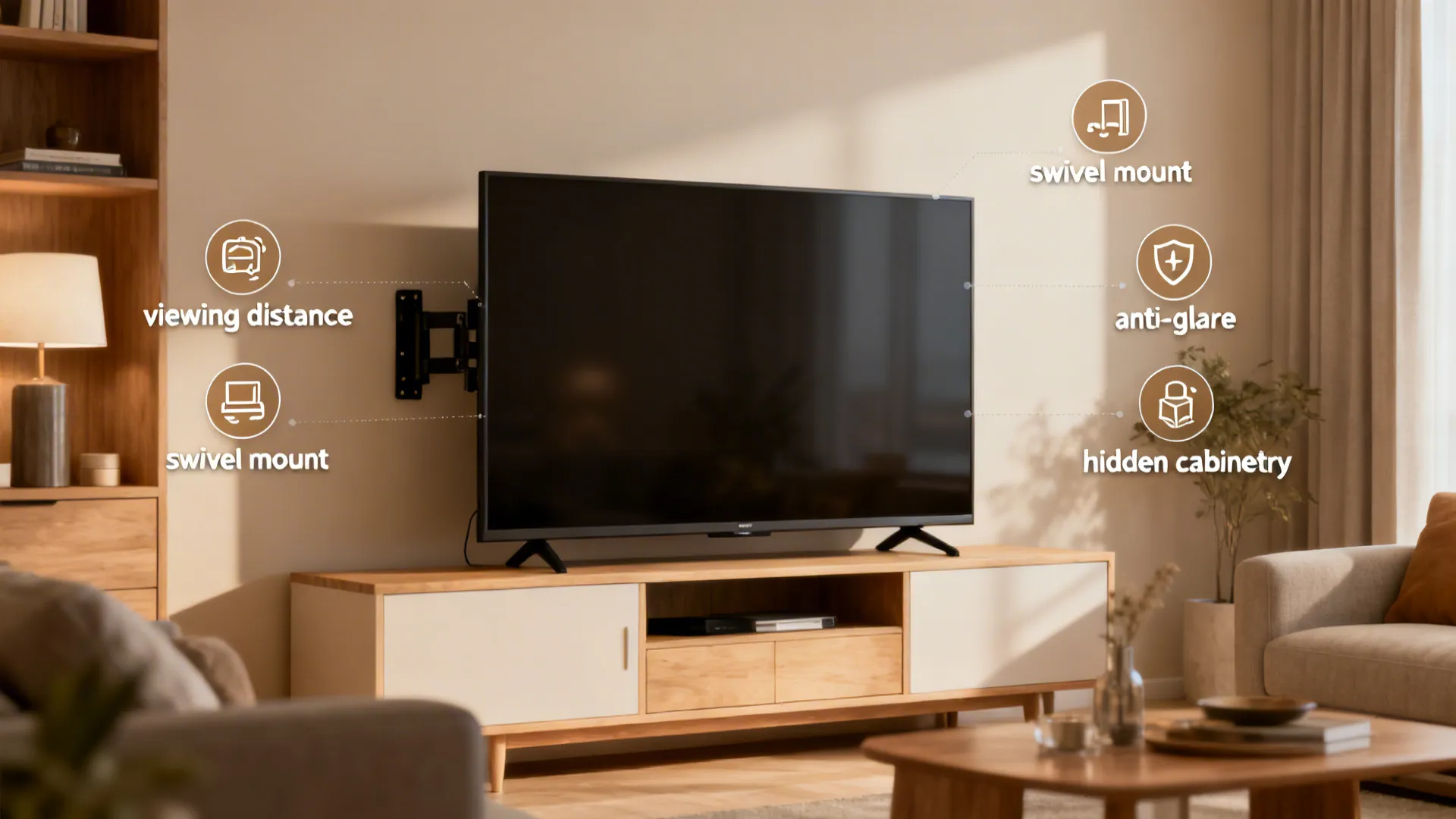 Infographic showing television features including viewing distance swivel wall mount and hidden storage in cabinet