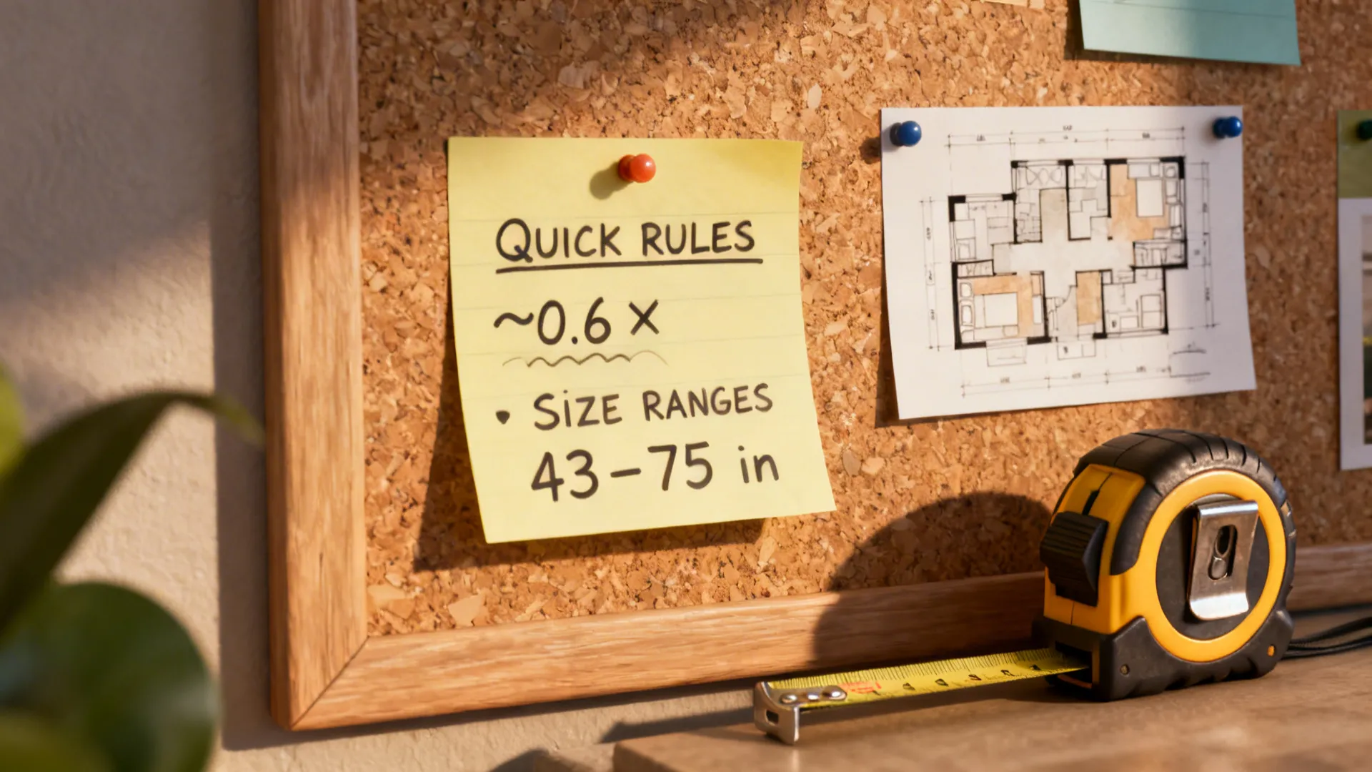 Reference board with measurement rules, tape measure, and small floor plan illustrating TV sizing FAQ