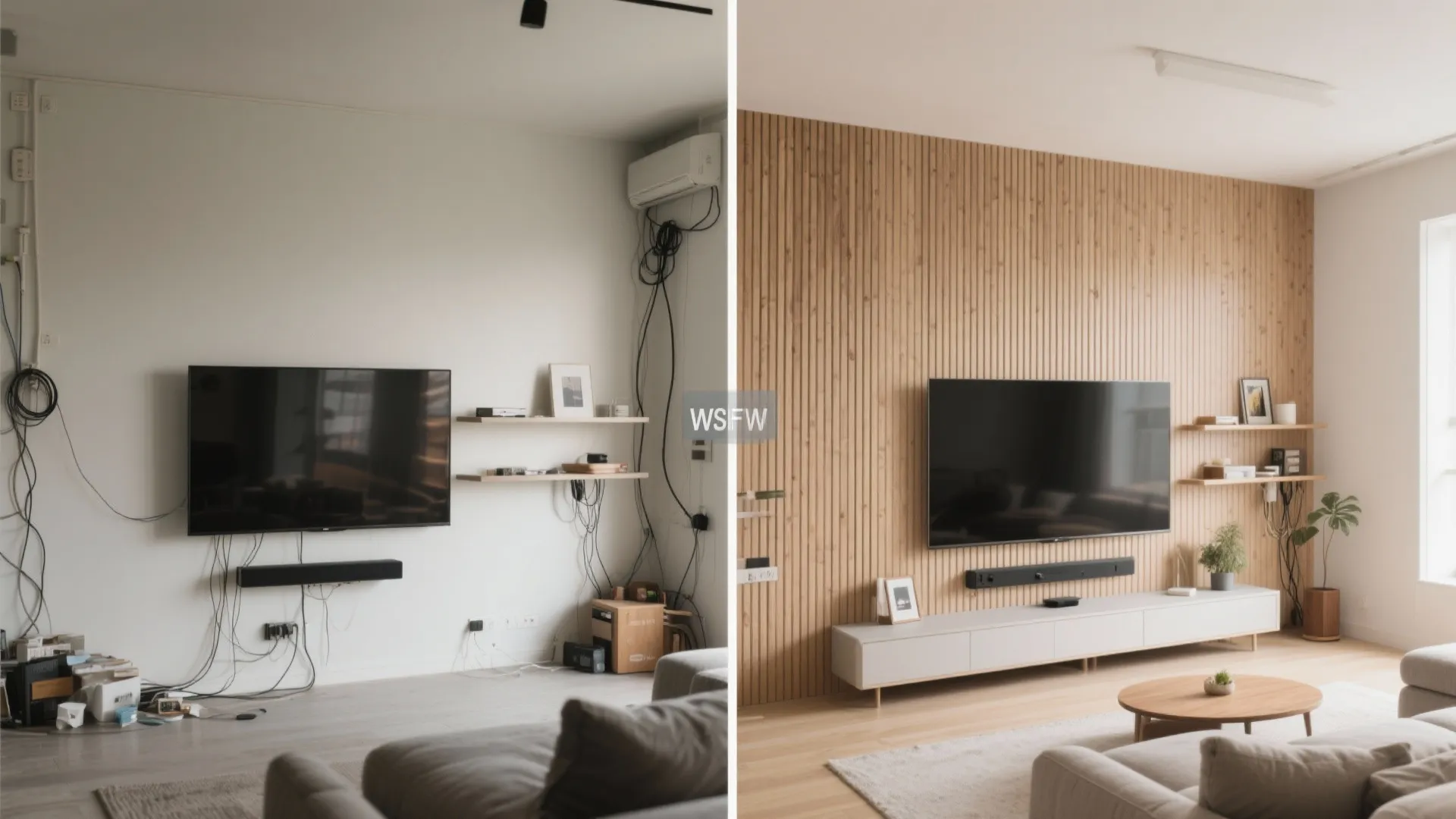 Feature wall: slat panel, micro-shelves, or framed gallery