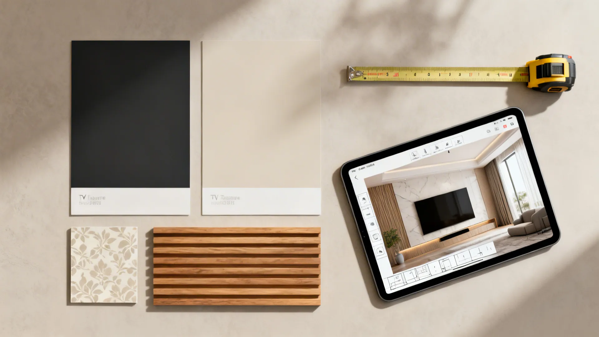 Flatlay of paint swatches, wallpaper sample, wood slat sample, measuring tape and a tablet with a room planner.