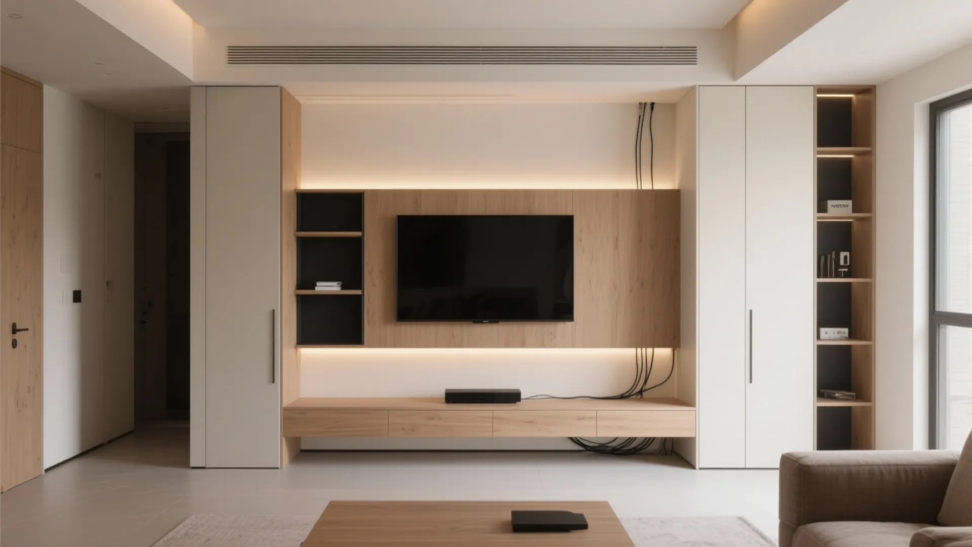 Modern wood TV wall with built-in cabinet storage lighting white floor and grey living sofa