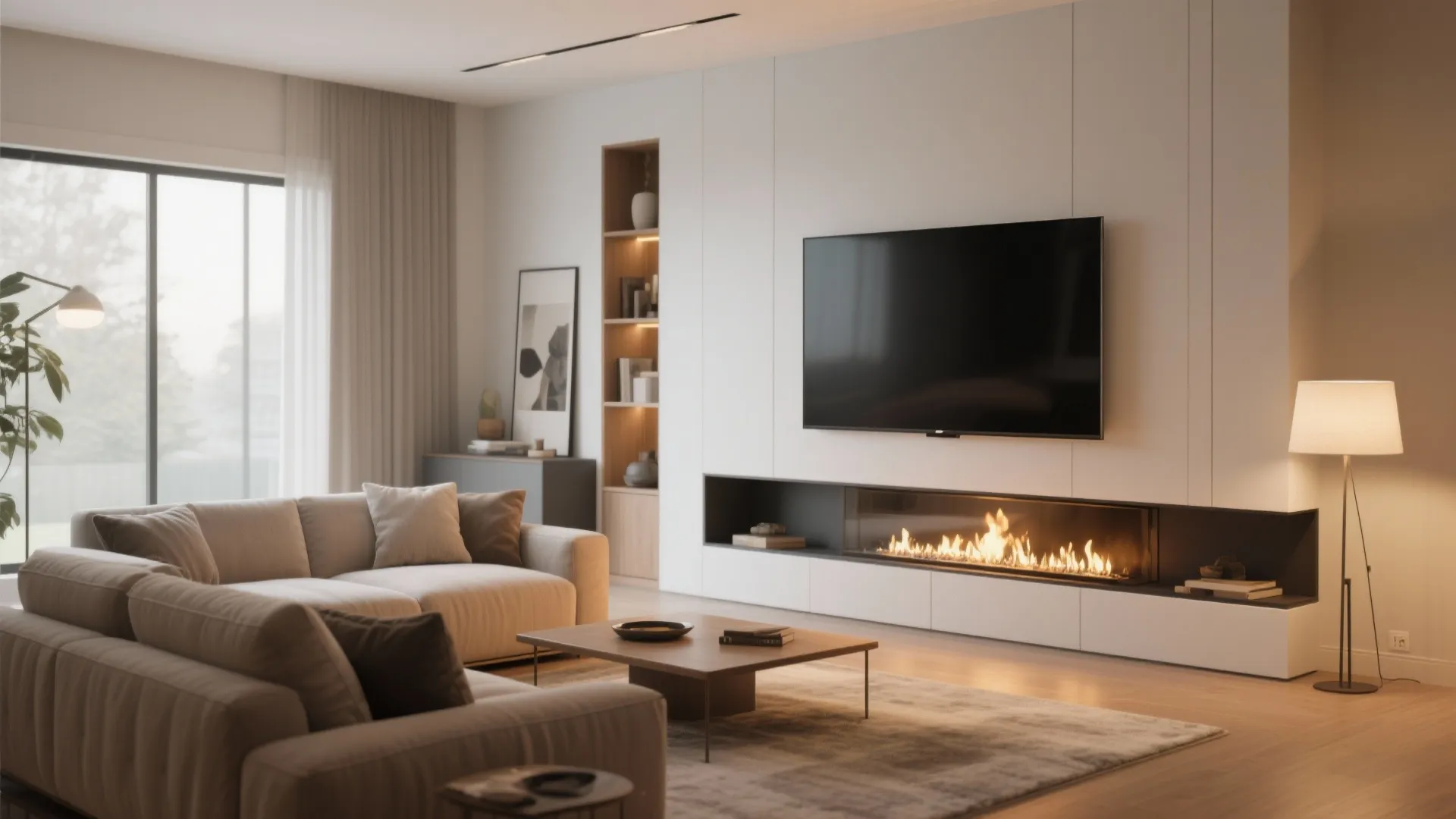 Modern living room with white wall, large television, fireplace, beige sofa, rug, and floor lamp