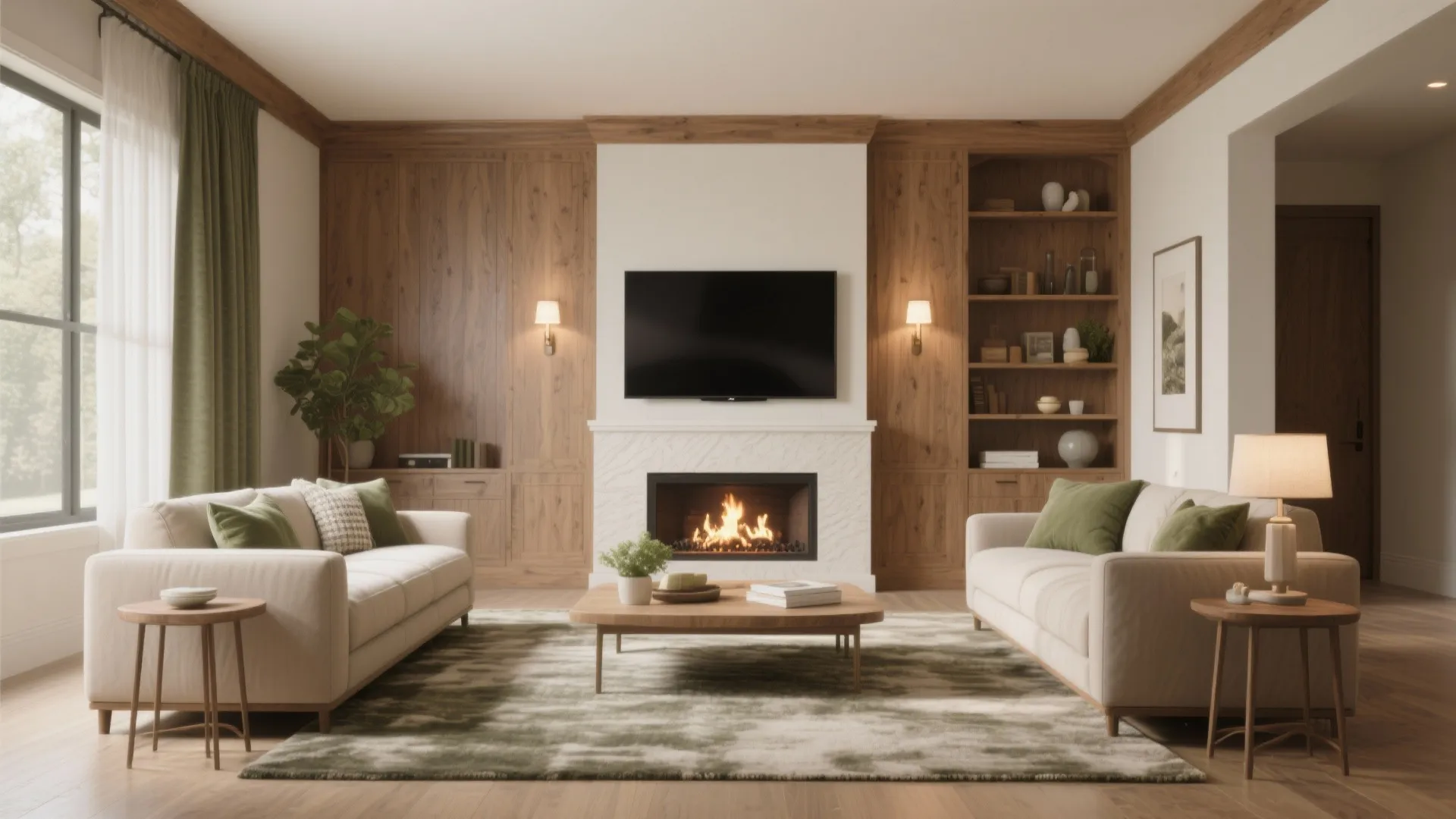 Symmetrical living room featuring two white sofas fireplace wall mounted television and wood storage cabinets