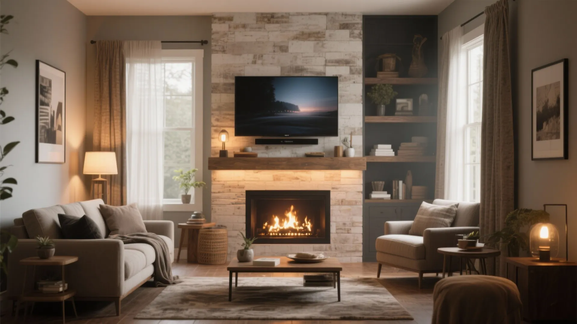 Living room with television above fireplace, stone wall panel, sofa, armchairs, and warm interior lighting