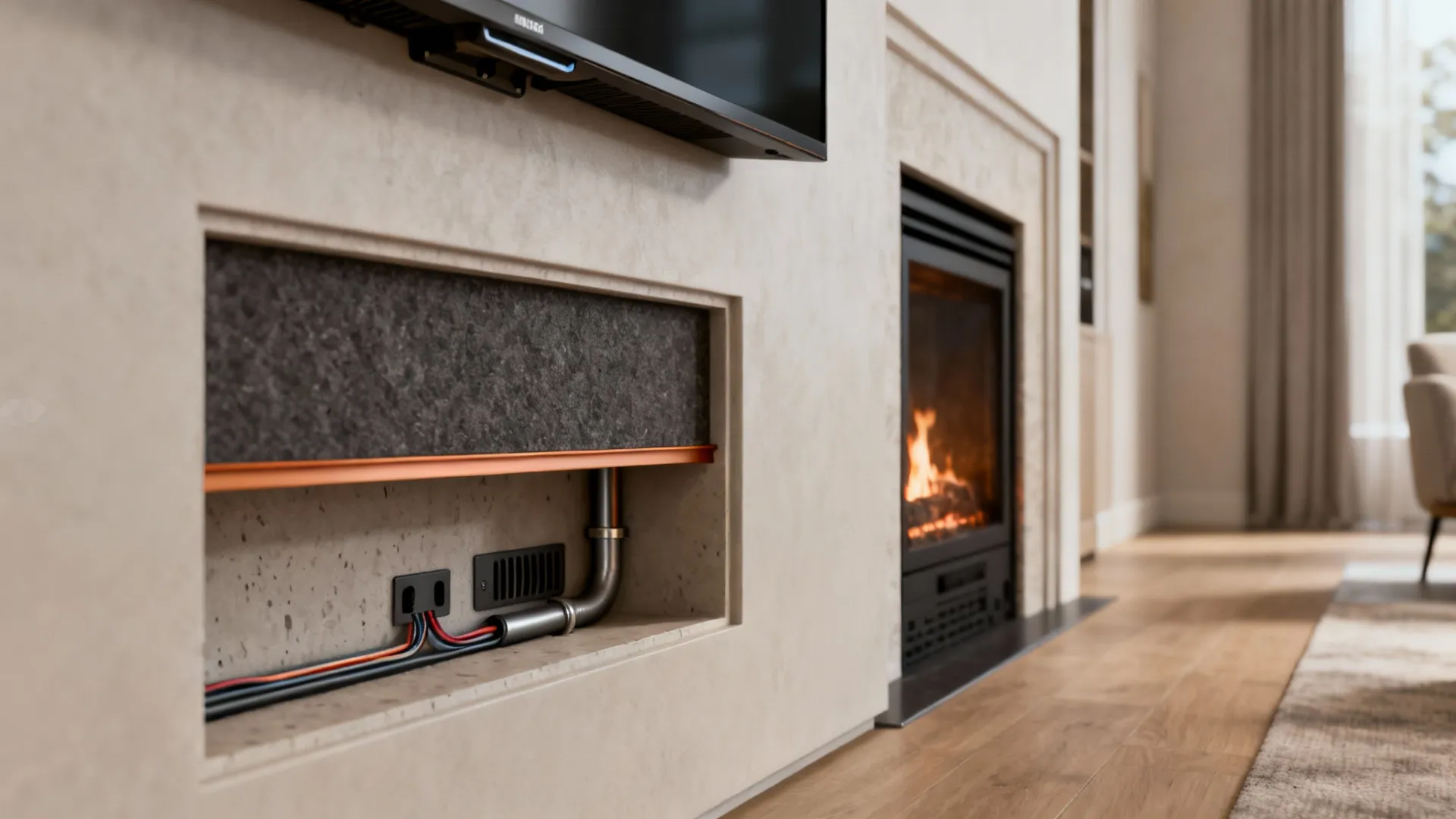 Close up showing electrical wires and pipe inside a wall opening next to a fireplace