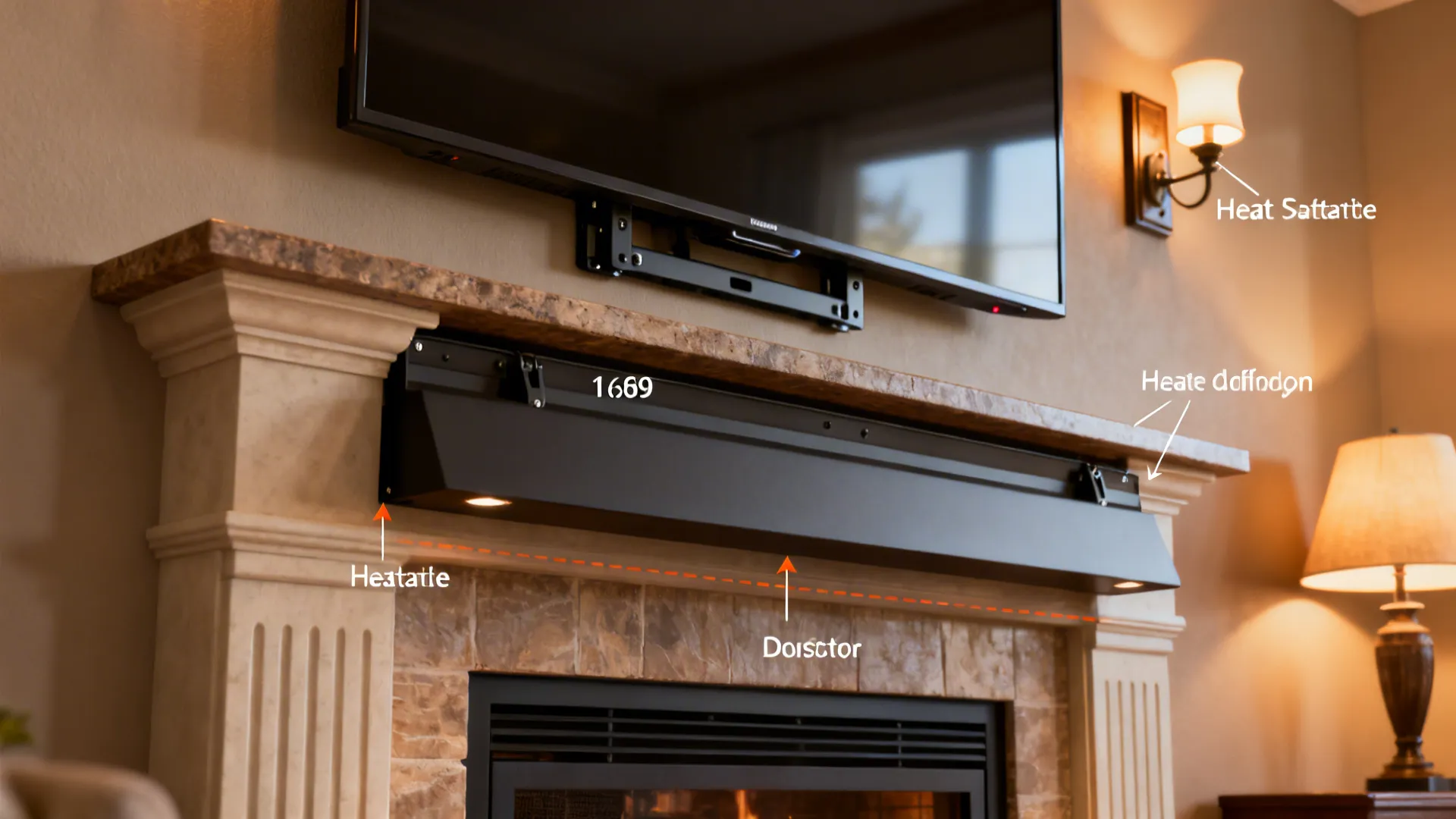 TV mounted above fireplace with tilt mount and mantel deflector showing safe spacing and lighting options