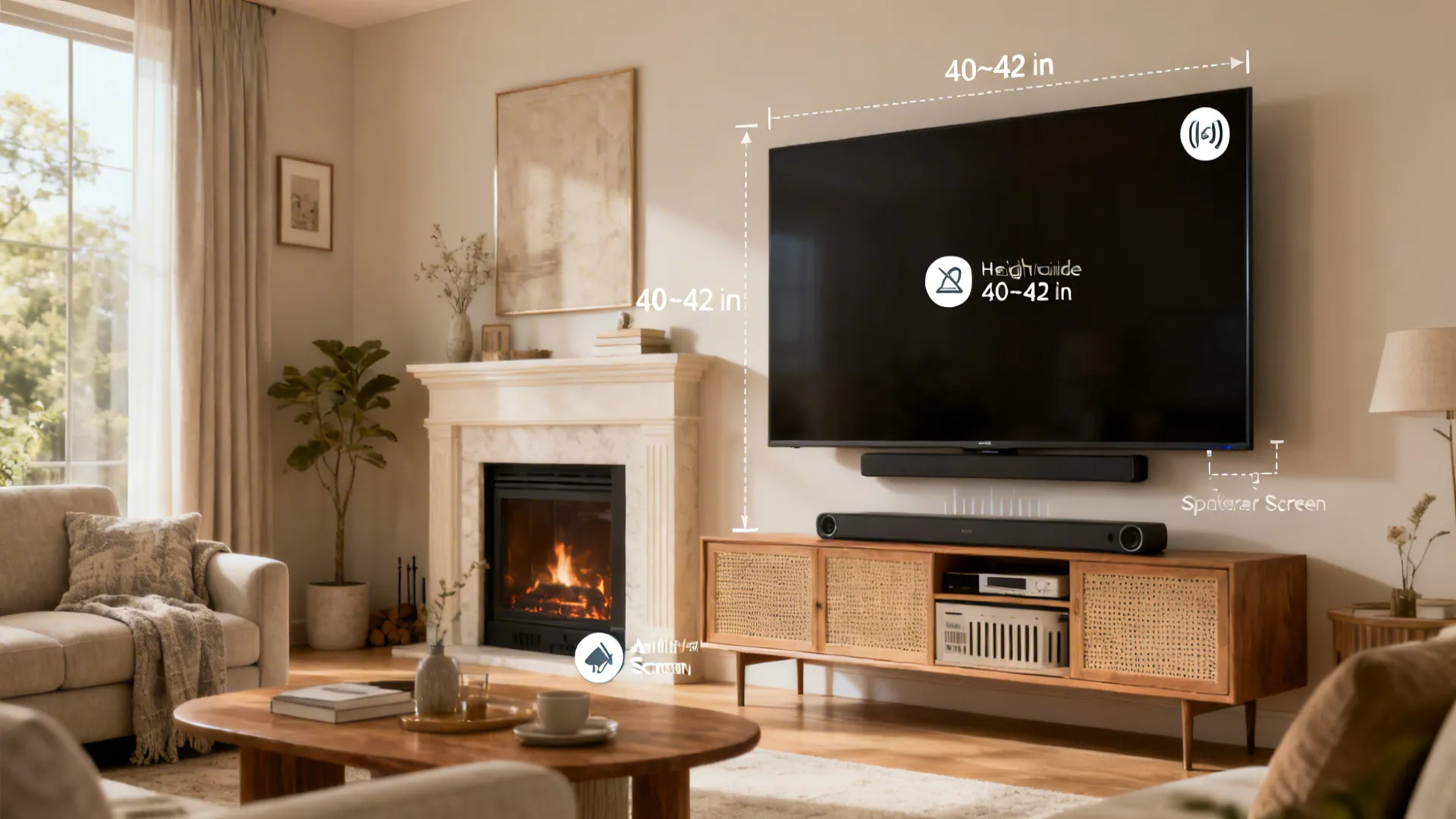 Living room vignette with TV and fireplace and visual cues for FAQ topics like height, glare, ventilation, and speakers.