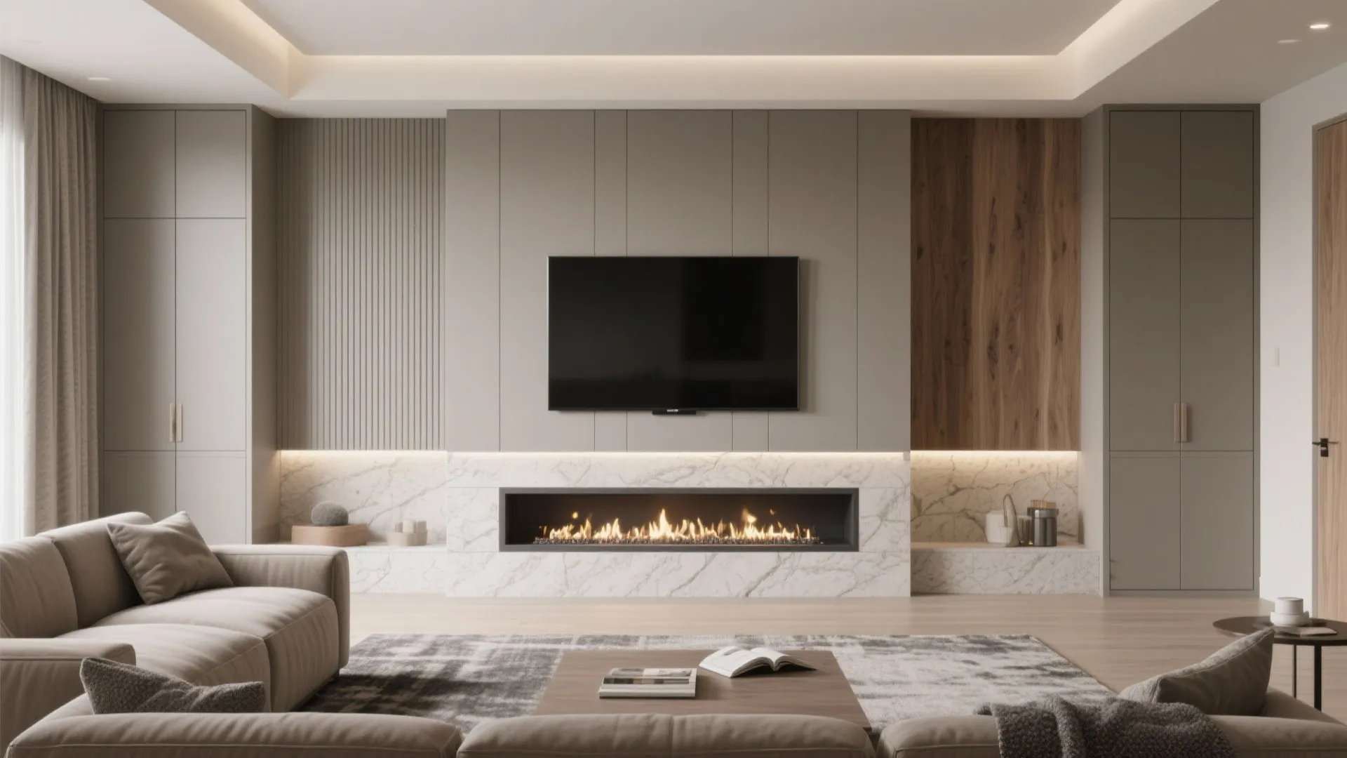 Modern living room featuring a wall mounted television above a white marble fireplace with sofa