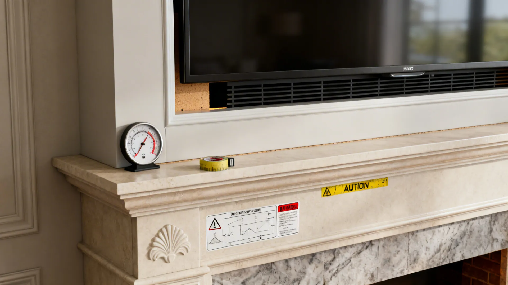 Mantel detail showing clearance, thermometer, and ventilation for TV safety above a fireplace.
